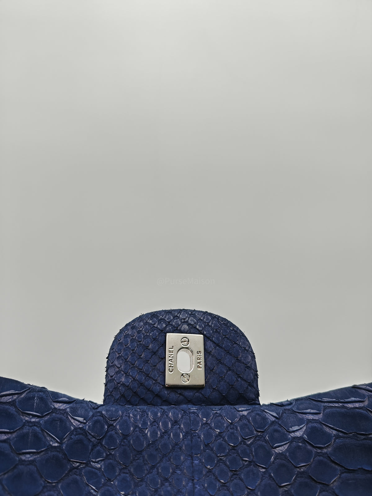 Chanel Classic Double Flap Bag in Navy Python Suede Silver Hardware (Series 14) | Purse Maison Luxury Bags Shop