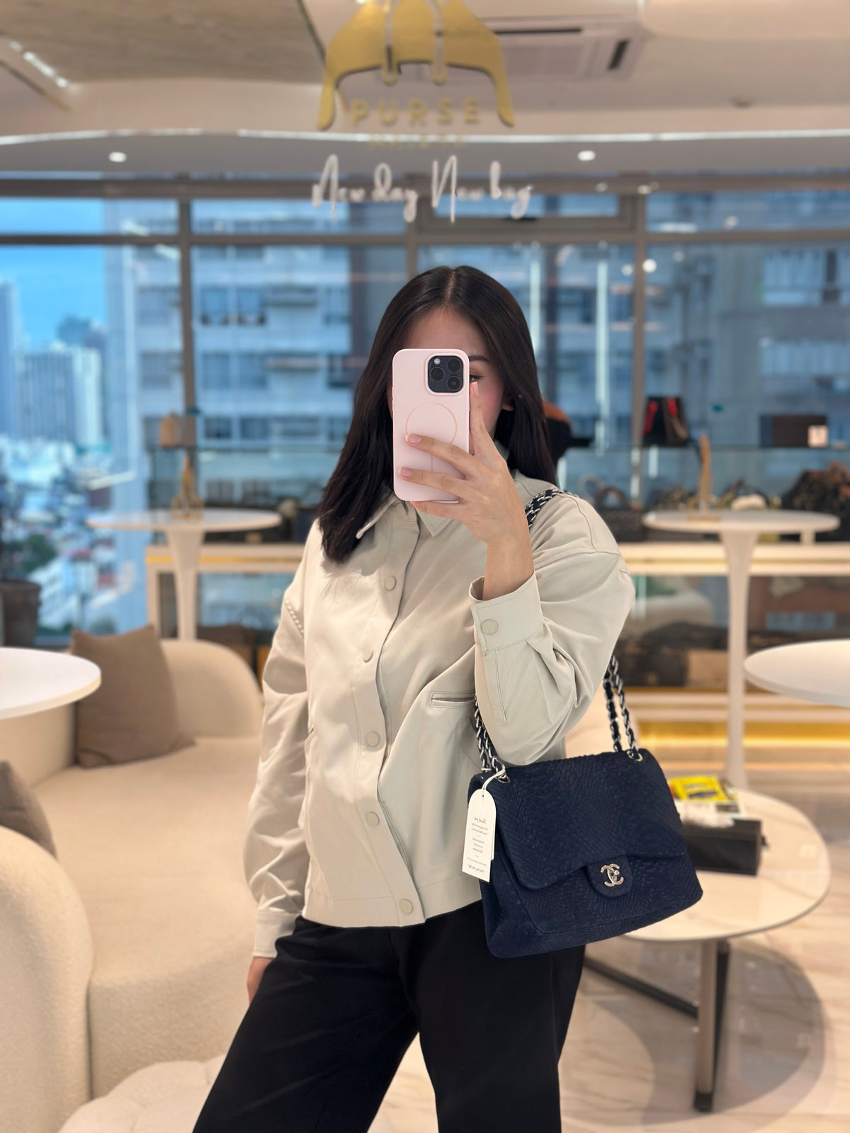 Chanel Classic Double Flap Bag in Navy Python Suede Silver Hardware (Series 14) | Purse Maison Luxury Bags Shop