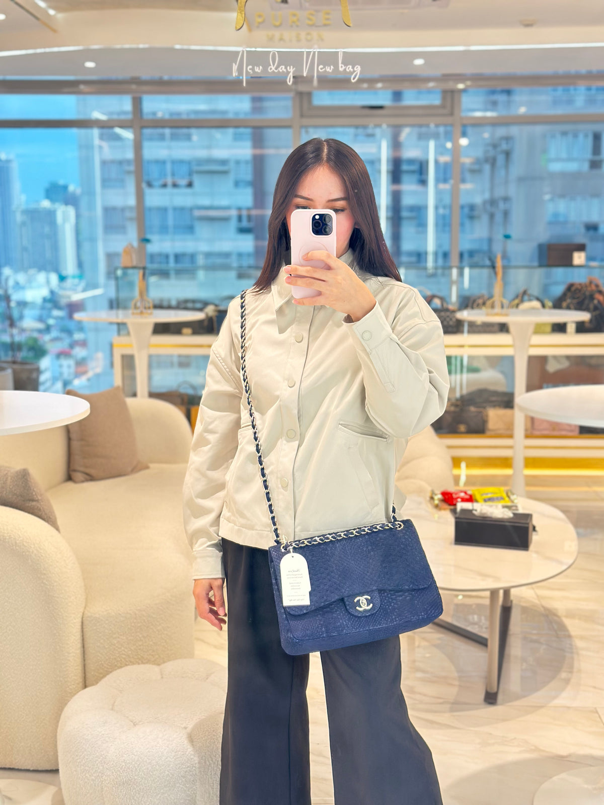 Chanel Classic Double Flap Bag in Navy Python Suede Silver Hardware (Series 14) | Purse Maison Luxury Bags Shop