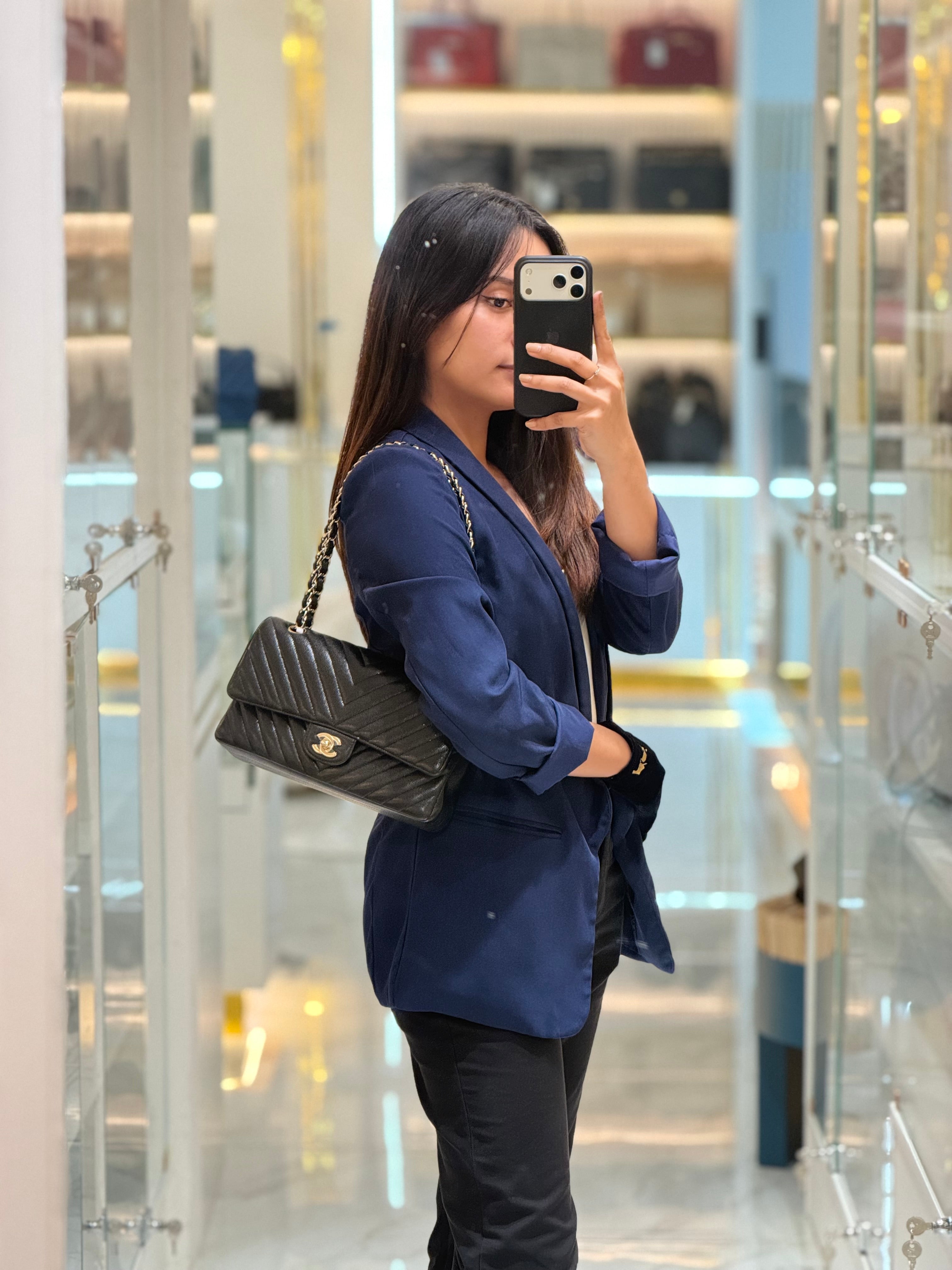 Classic Double Flap in Black Chevron Caviar Leather & Gold Hardware Medium Series 30 | Purse Maison Luxury Bags Shop
