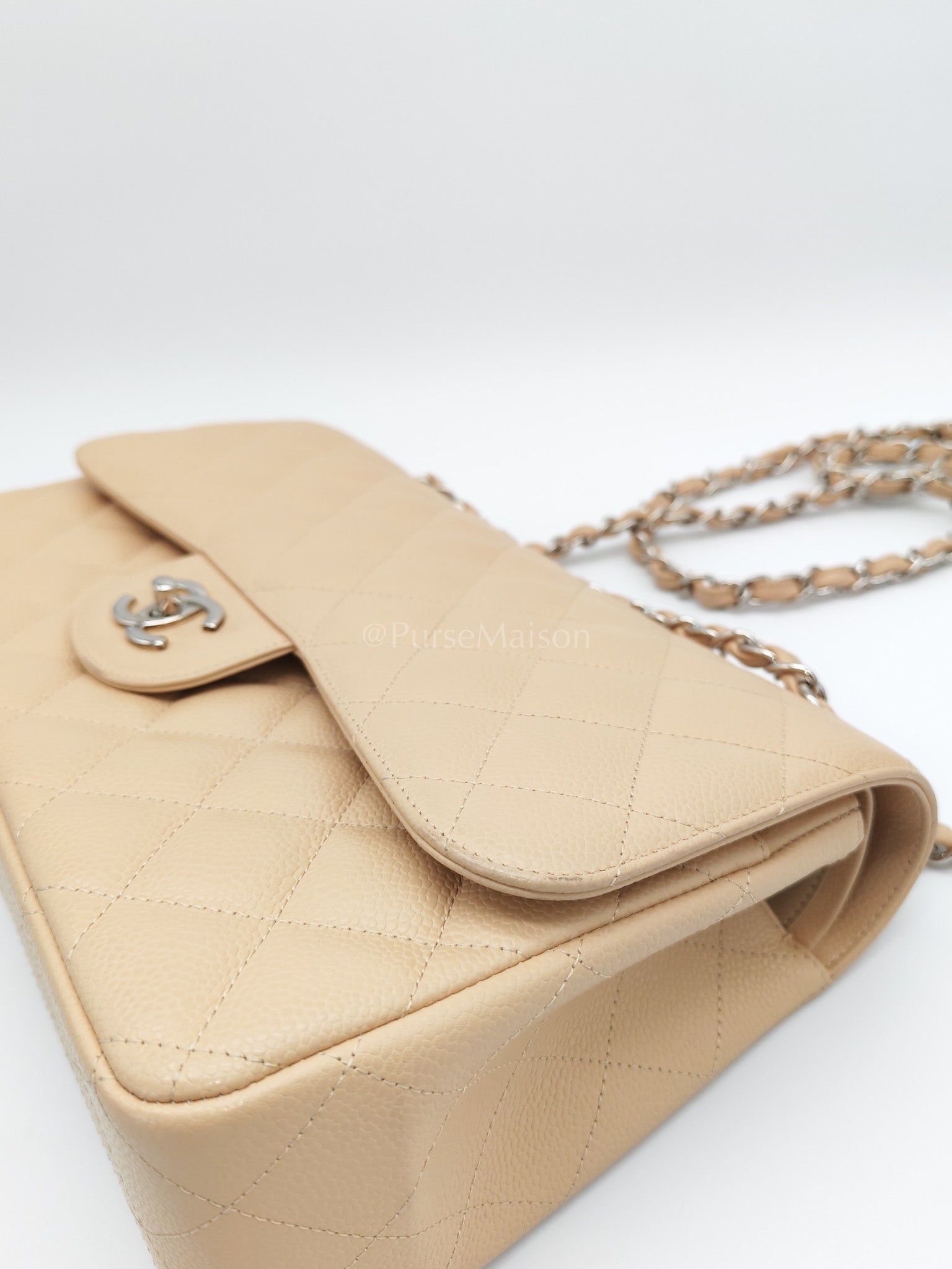 Classic Double Flap Jumbo in Beige Quilted Caviar Leather and Silver Hardware Series 14 | Purse Maison Luxury Bags Shop