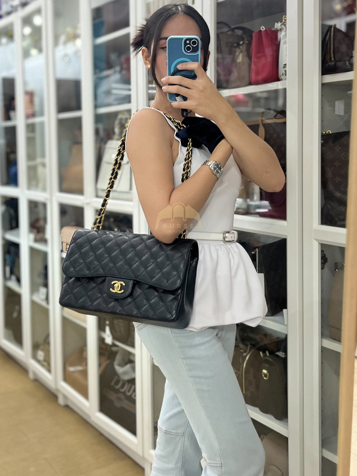 Chanel Classic Double Flap Jumbo In Black Quilted Caviar Leather & Gold Hardware Series 22 | Purse Maison Luxury Bags Shop