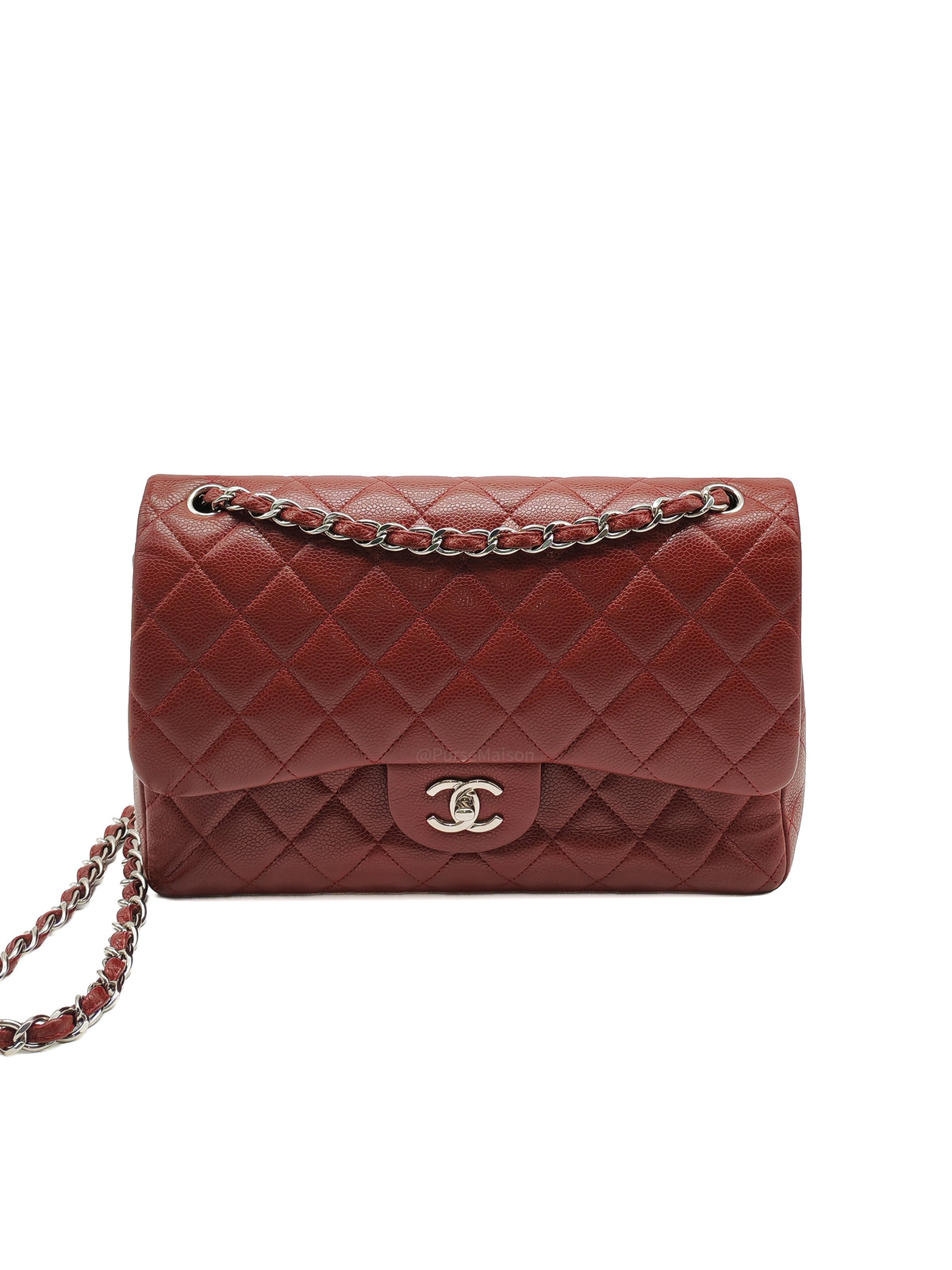 Chanel Classic Double Flap Jumbo in Burgundy Quilted Caviar Leather and Silver Hardware Series 18 | Purse Maison Luxury Bags Shop