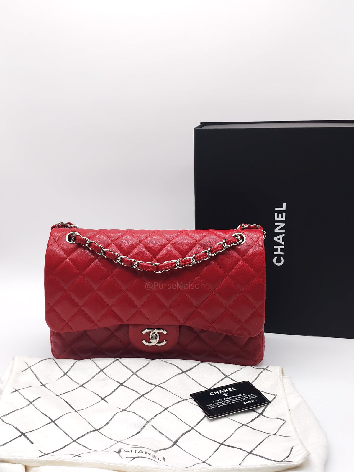 Chanel Classic Double Flap Jumbo in Red Quilted Caviar Leather and Silver Hardware Series 16 | Purse Maison Luxury Bags Shop