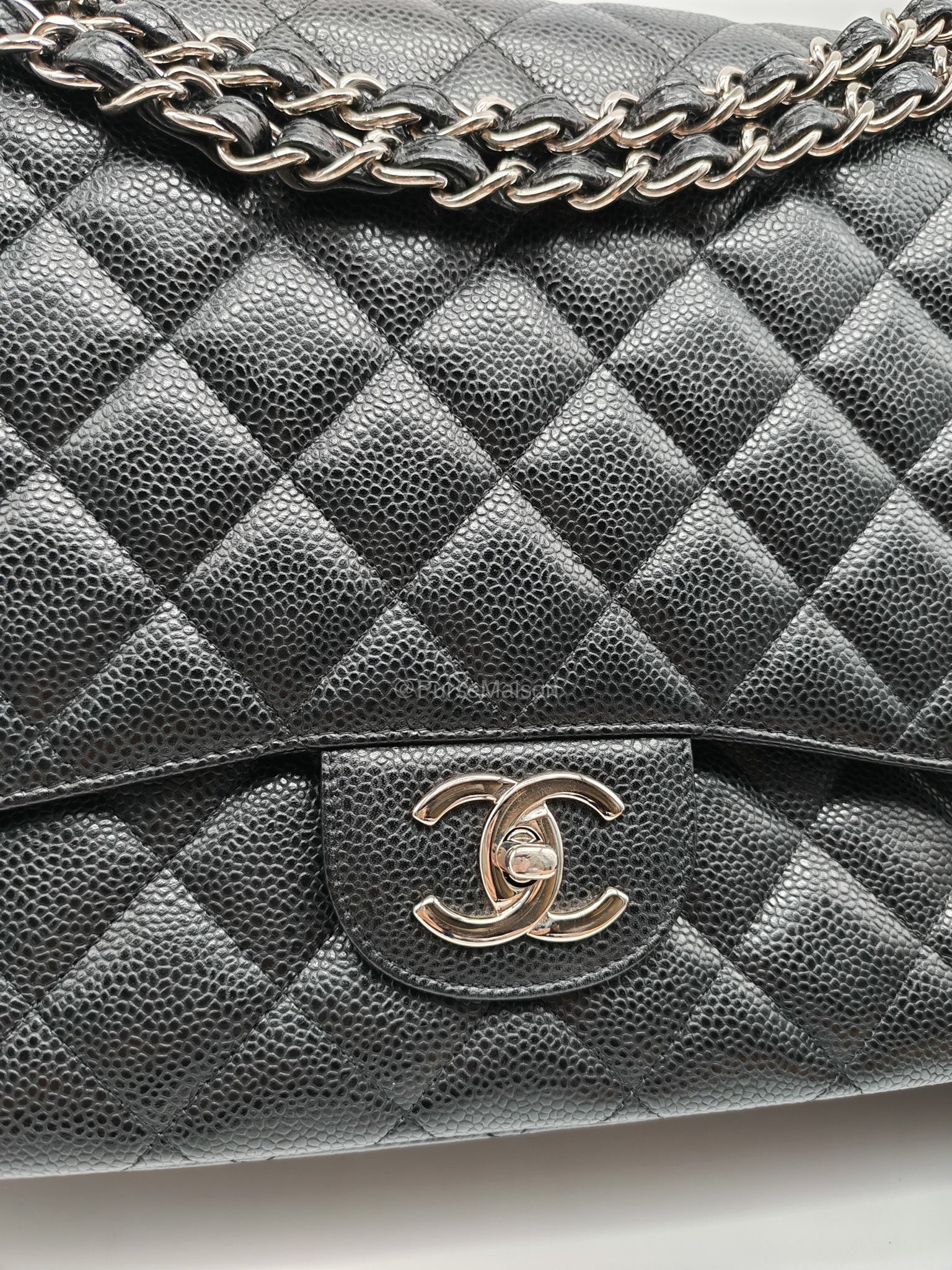 Chanel Classic Double Flap Maxi in Black Caviar Leather Silver Hardware (Series 18) | Purse Maison Luxury Bags Shop