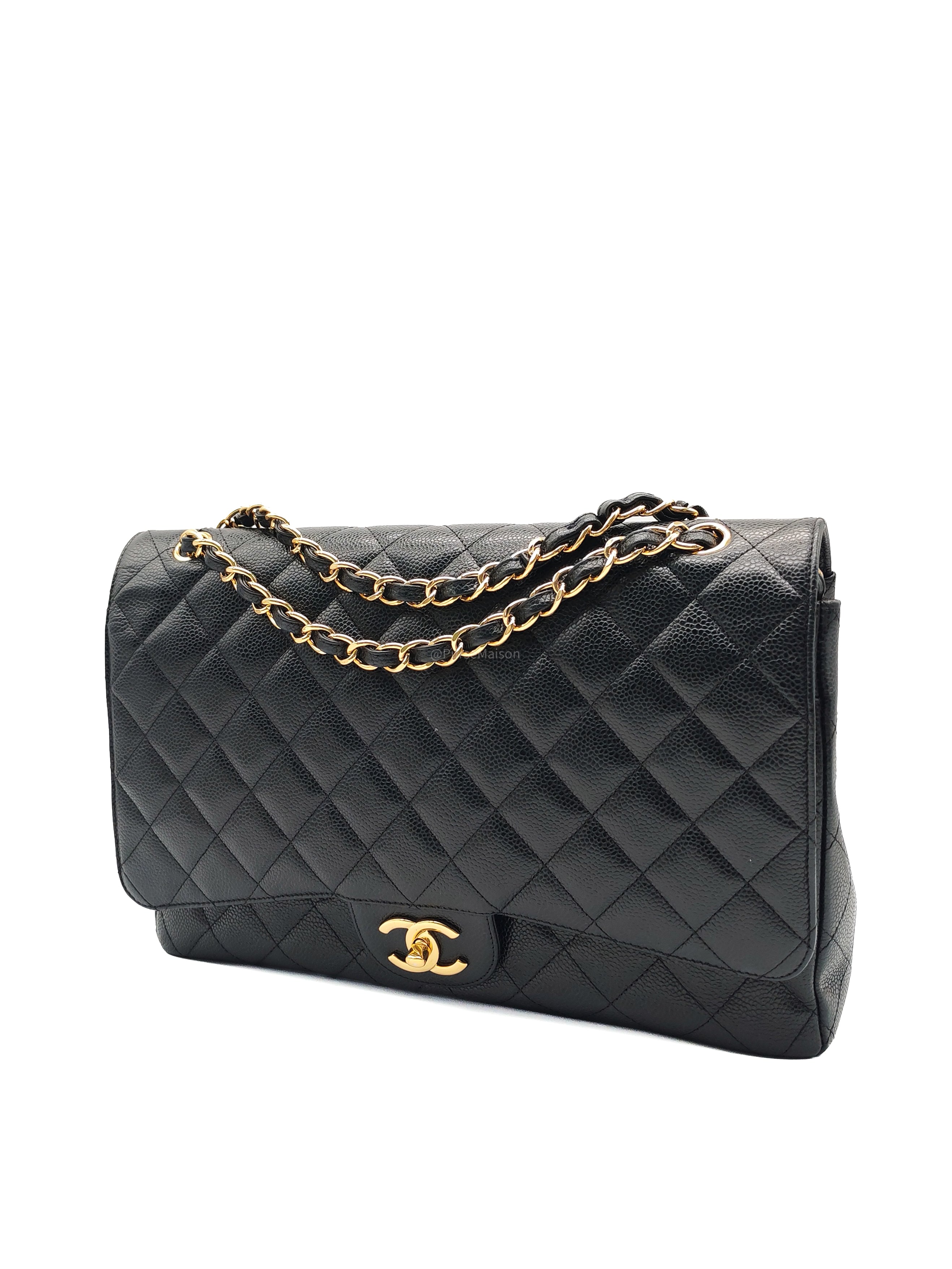 Chanel Classic Double Flap Maxi in Black Quilted Caviar Leather and Gold Hardware Series 15 | Purse Maison Luxury Bags Shop