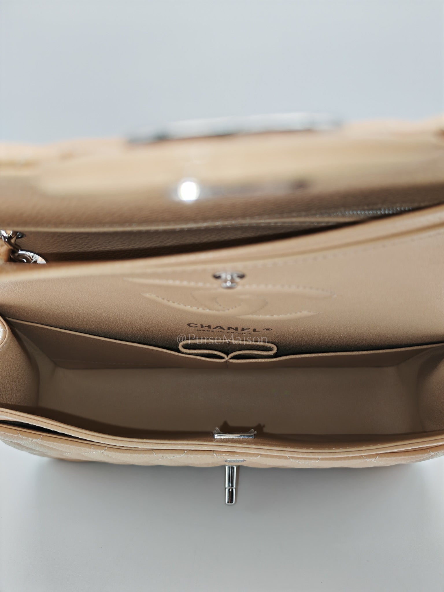 Classic Double Flap Medium in Beige Clair Quilted Caviar Leather & Silver Hardware Microchip | Purse Maison Luxury Bags Shop