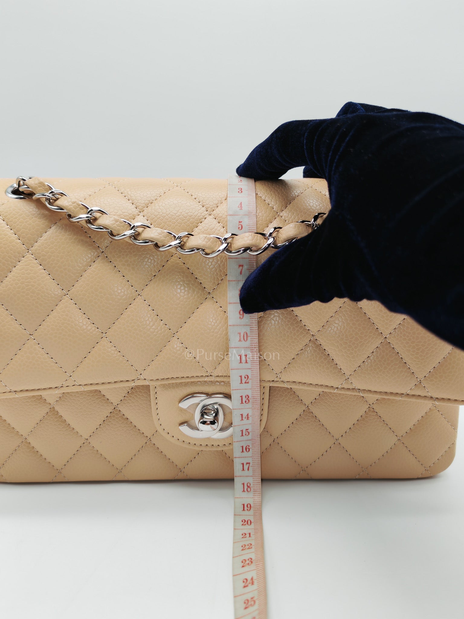 Classic Double Flap Medium in Beige Clair Quilted Caviar Leather & Silver Hardware Microchip | Purse Maison Luxury Bags Shop