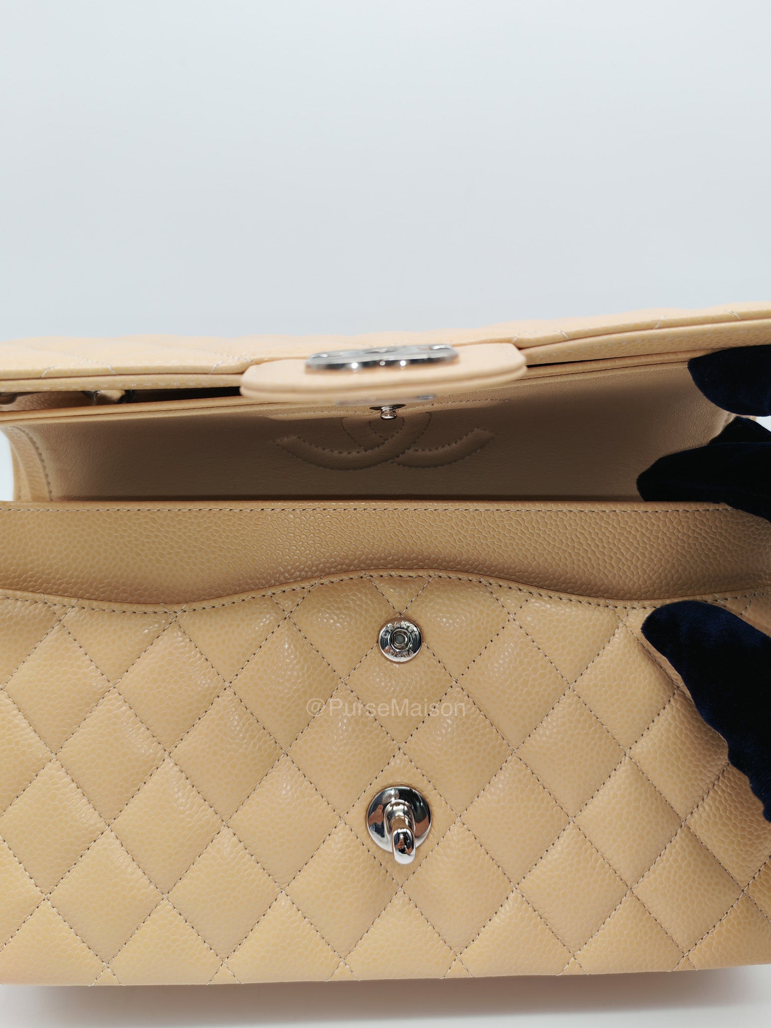Chanel Classic Double Flap in Beige Quilted Caviar Leather and Silver Hardware Series 28 | Purse Maison Luxury Bags Shop