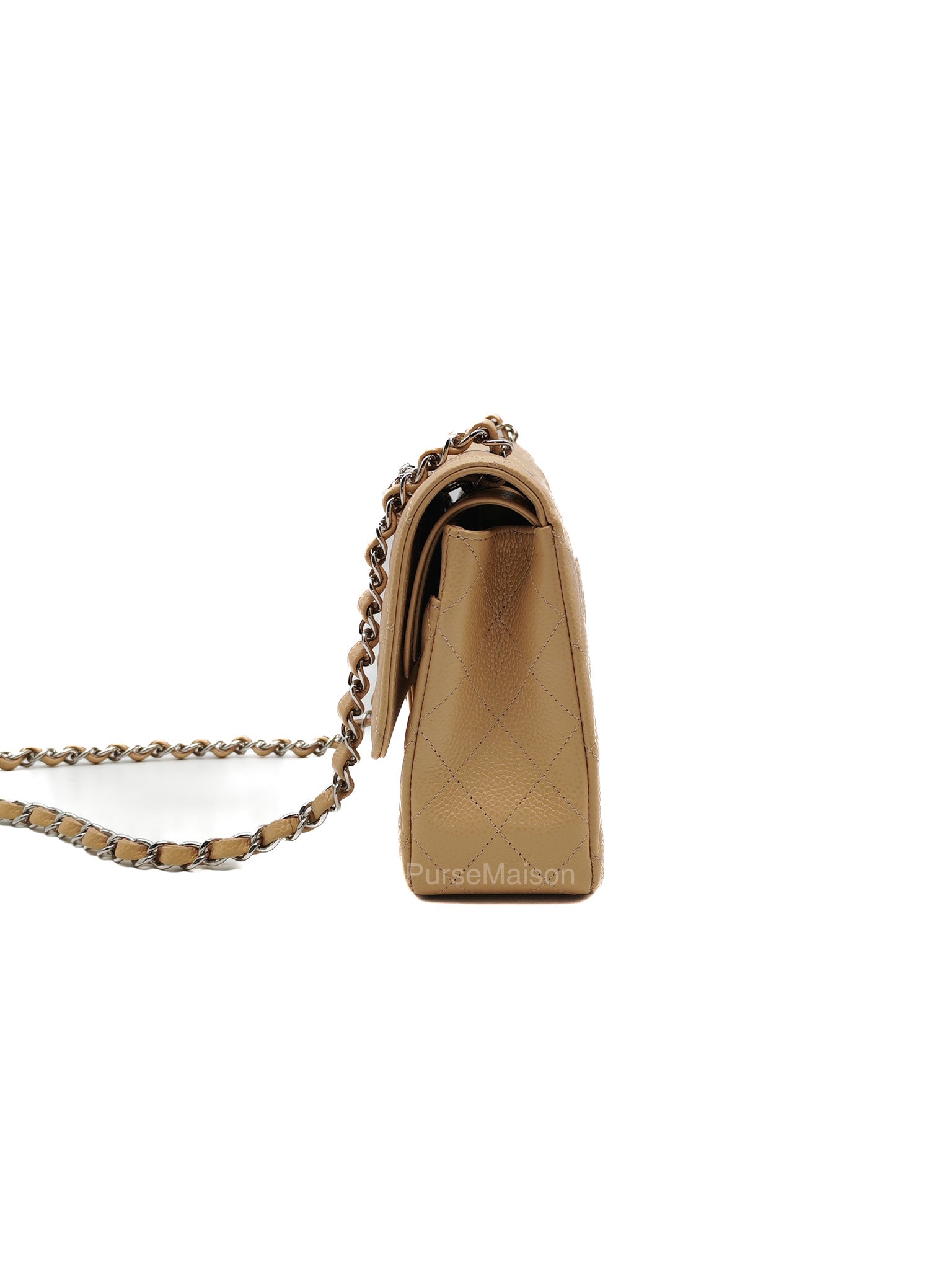 Chanel Classic Double Flap in Beige Quilted Caviar Leather and Silver Hardware Series 28 | Purse Maison Luxury Bags Shop