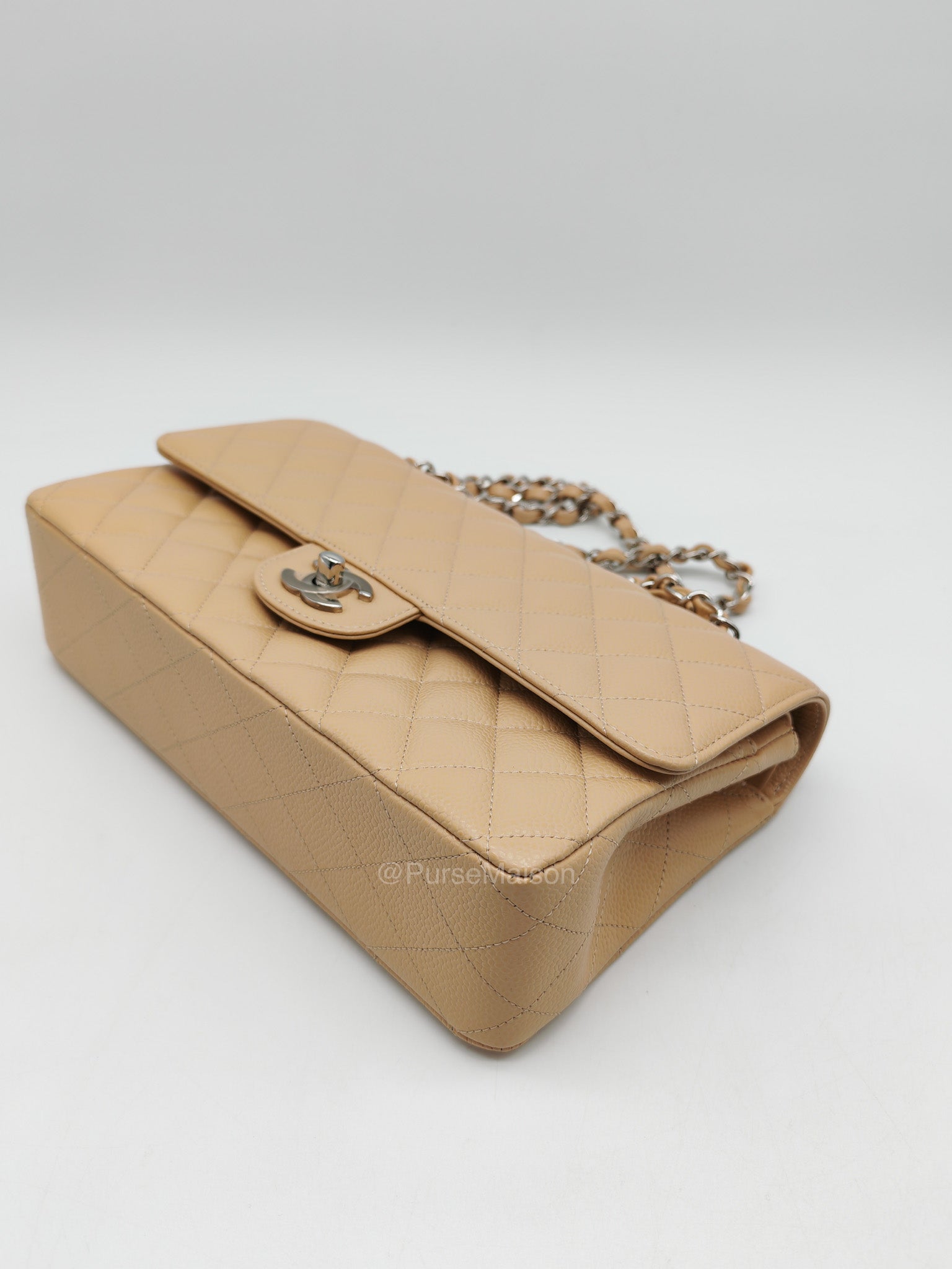 Chanel Classic Double Flap in Beige Quilted Caviar Leather and Silver Hardware Series 28 | Purse Maison Luxury Bags Shop