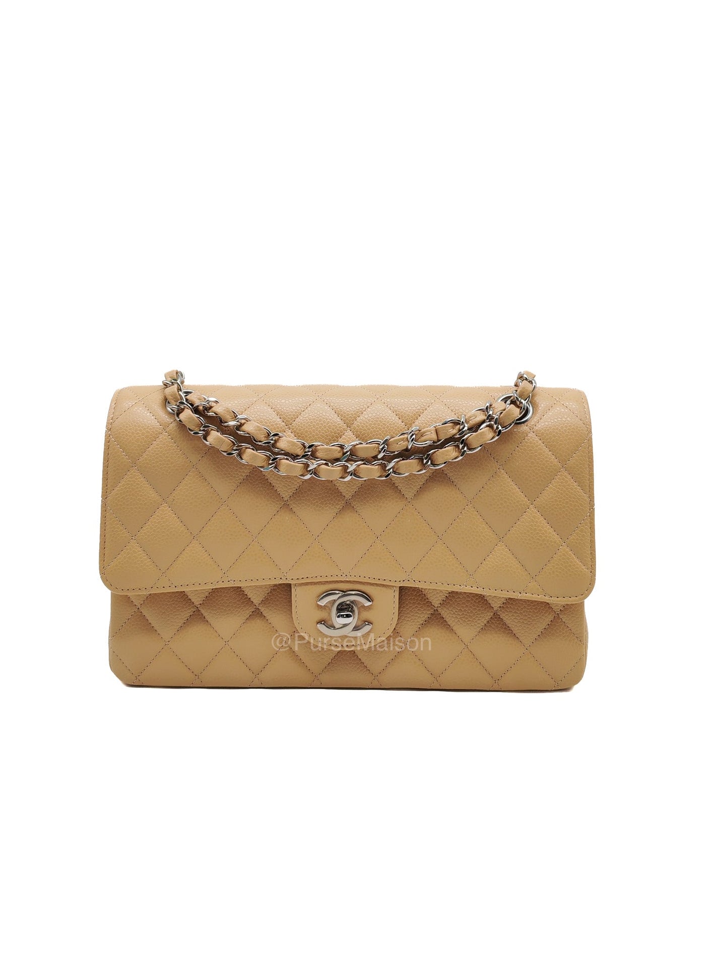 Chanel Classic Double Flap in Beige Quilted Caviar Leather and Silver Hardware Series 28 | Purse Maison Luxury Bags Shop