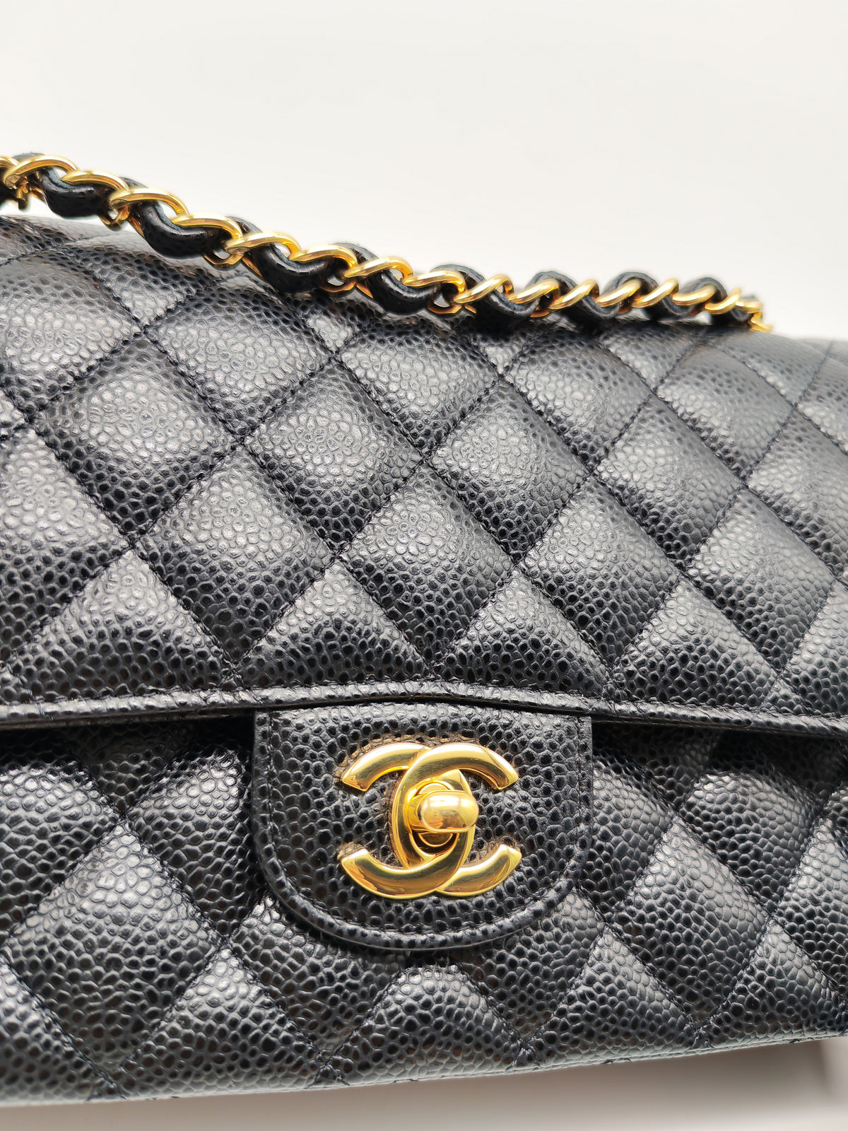 Chanel Classic Double Flap Medium in Black Caviar Leather and Gold Hardware Microchip | Purse Maison Luxury Bags Shop