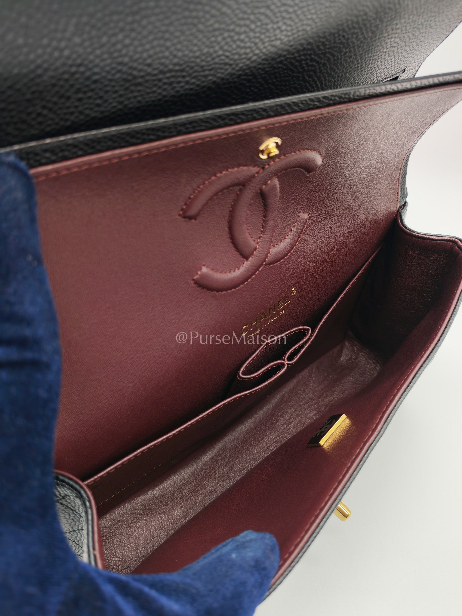 Chanel Classic Double Flap Medium in Black Caviar Leather and Gold Hardware (Microchip) | Purse Maison Luxury Bags Shop
