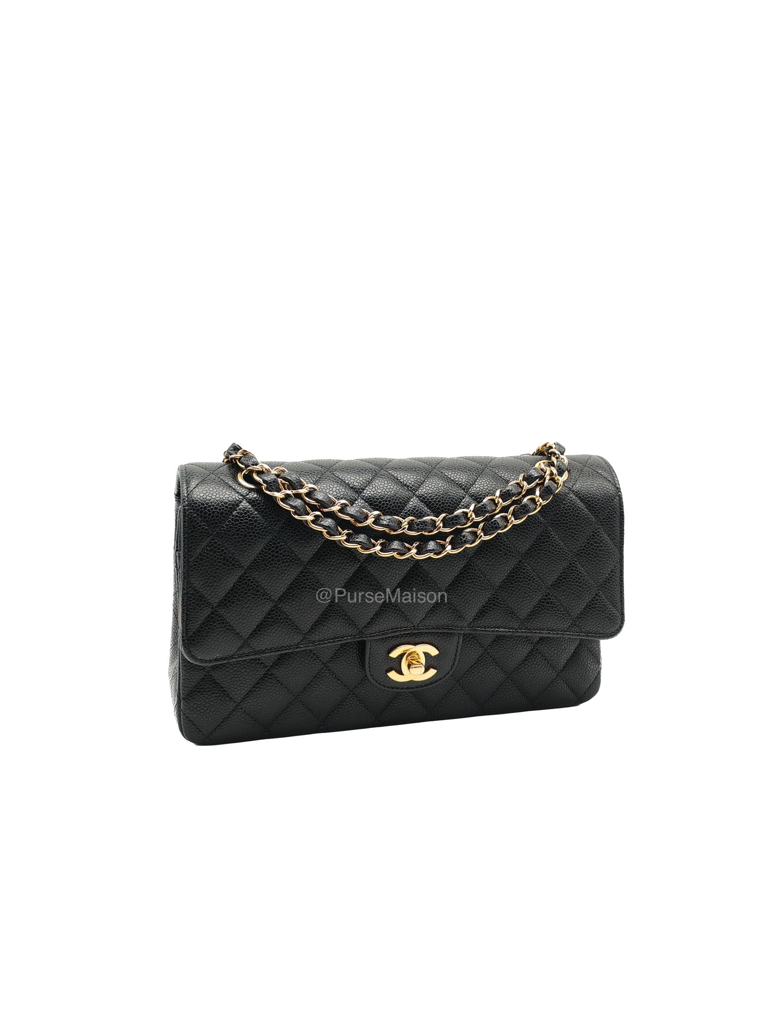 Chanel Classic Double Flap Medium in Black Caviar Leather Gold Hardware (Microchip) | Purse Maison Luxury Bags Shop