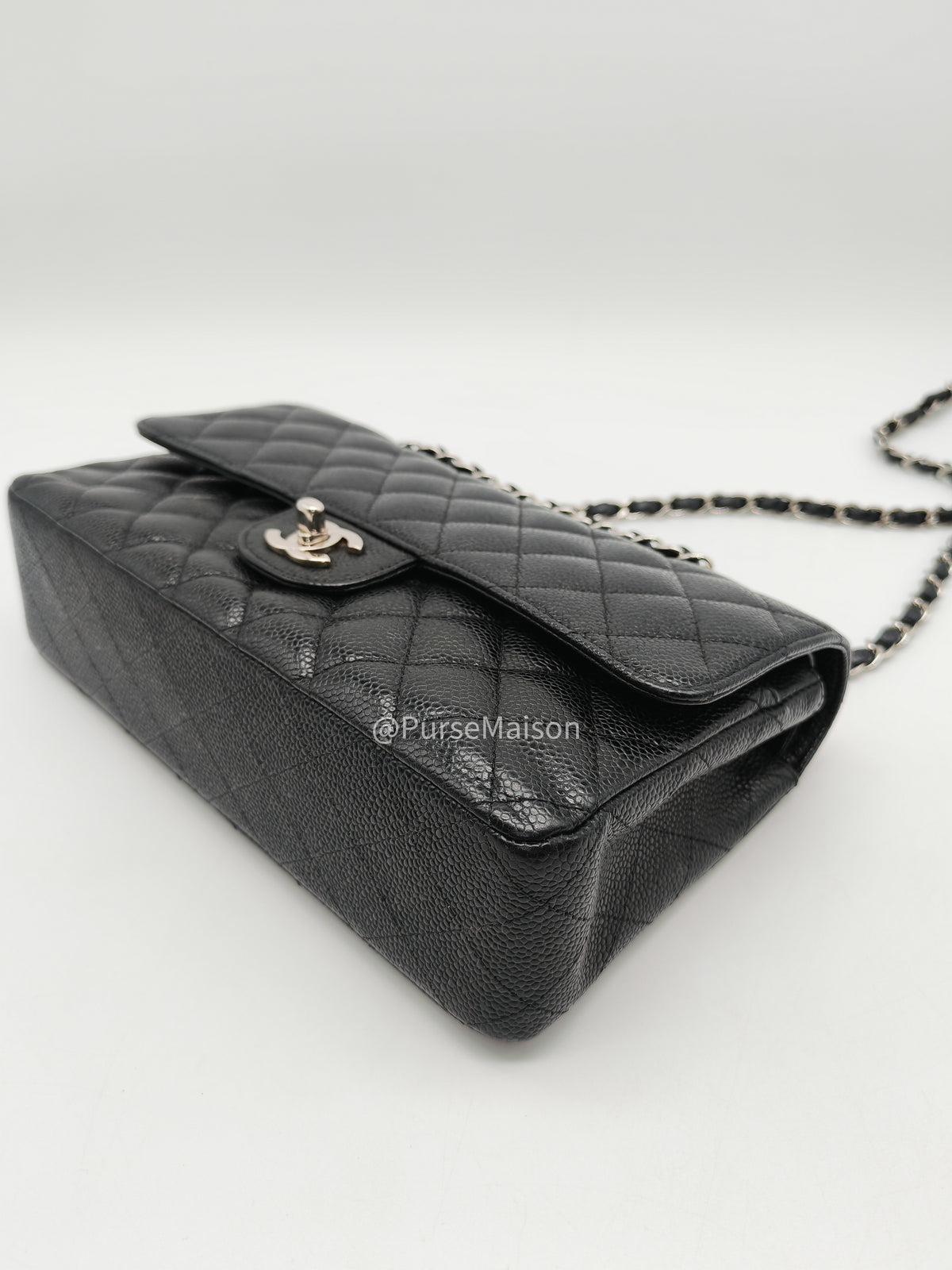 Chanel Classic Double Flap Medium in Black Caviar Leather Silver Hardware (Series 18) | Purse Maison Luxury Bags Shop