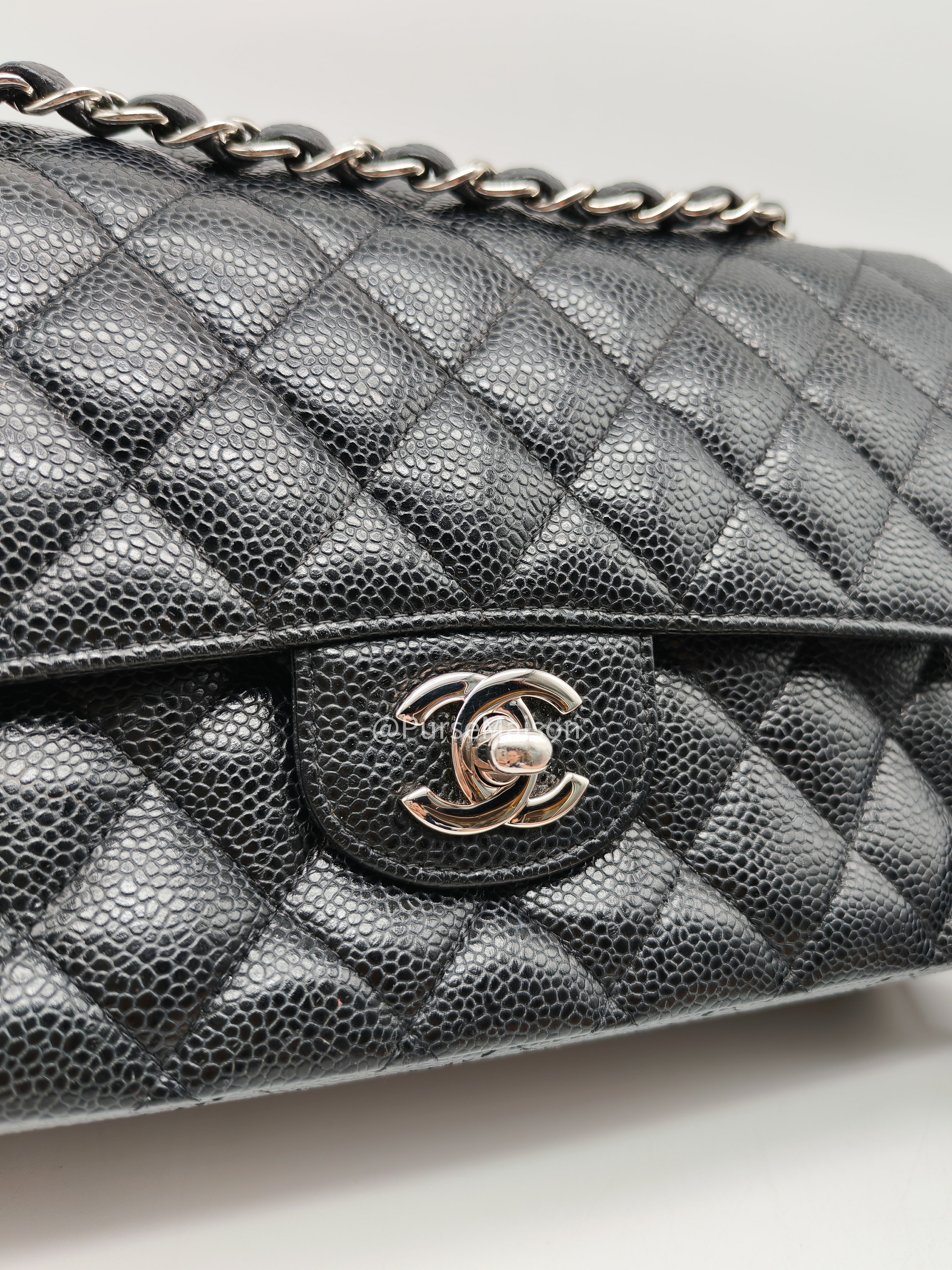 Chanel Classic Double Flap Medium in Black Caviar Leather Silver Hardware (Series 18) | Purse Maison Luxury Bags Shop
