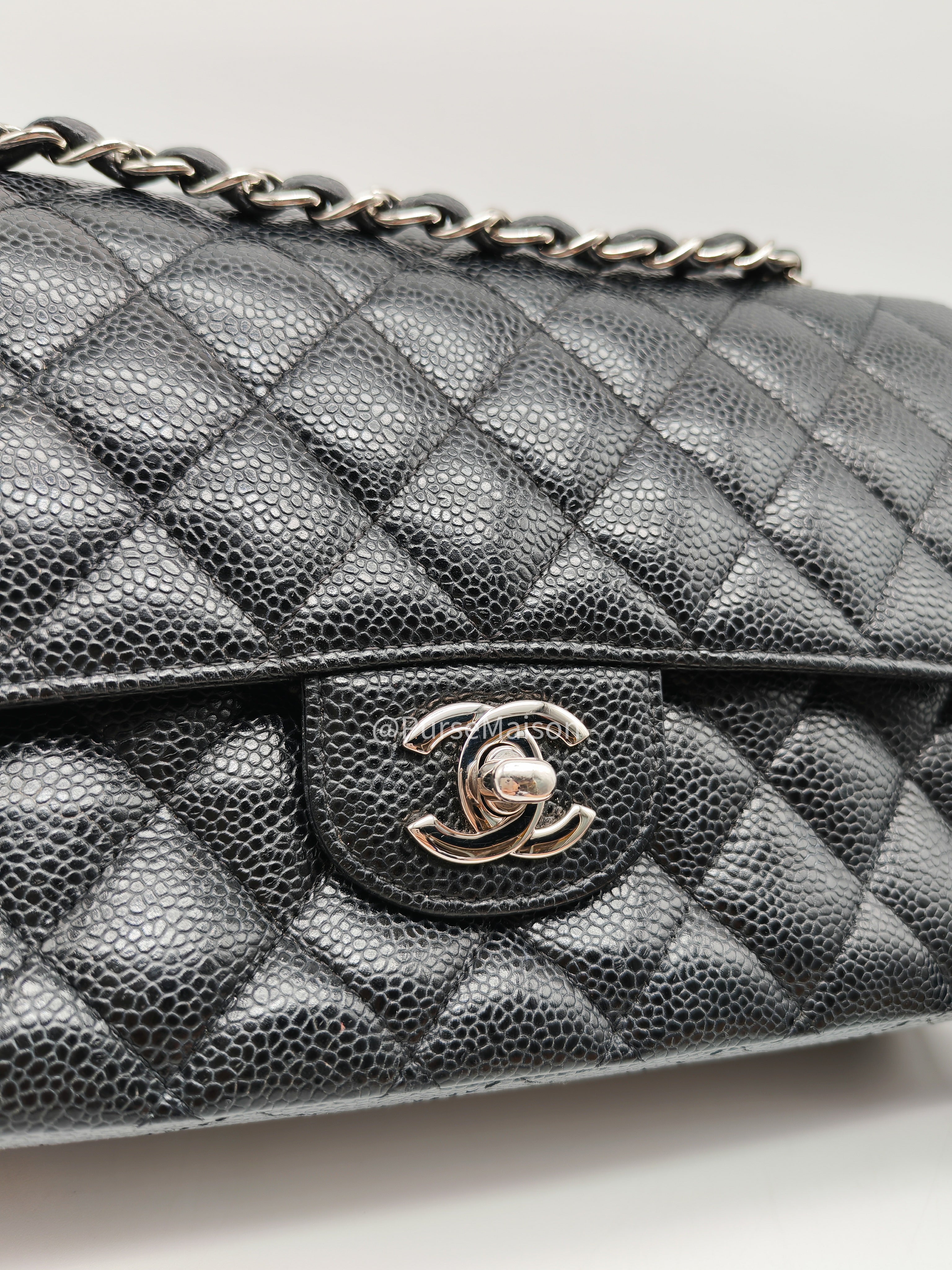 Chanel Classic Double Flap Medium in Black Caviar Leather Silver Hardware (Series 18) | Purse Maison Luxury Bags Shop