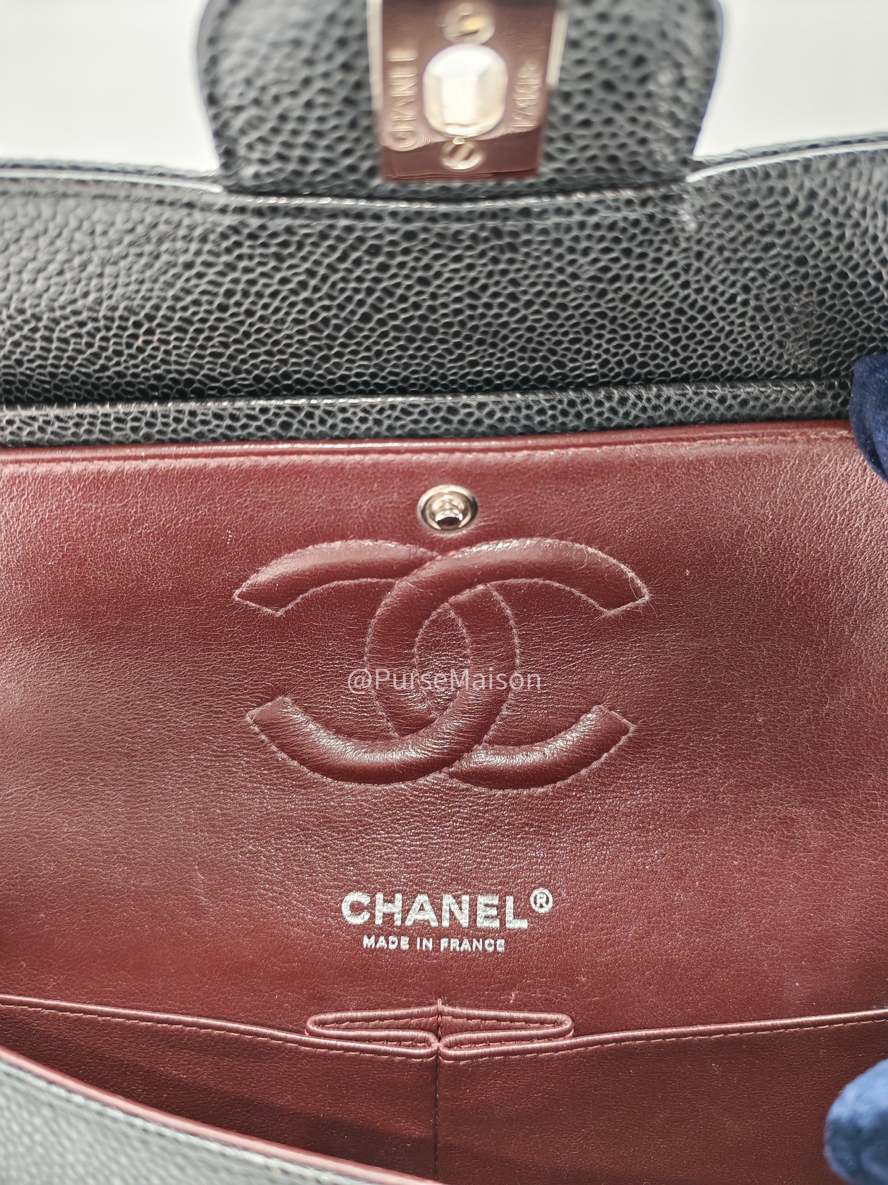 Chanel Classic Double Flap Medium in Black Caviar Leather Silver Hardware (Series 18) | Purse Maison Luxury Bags Shop