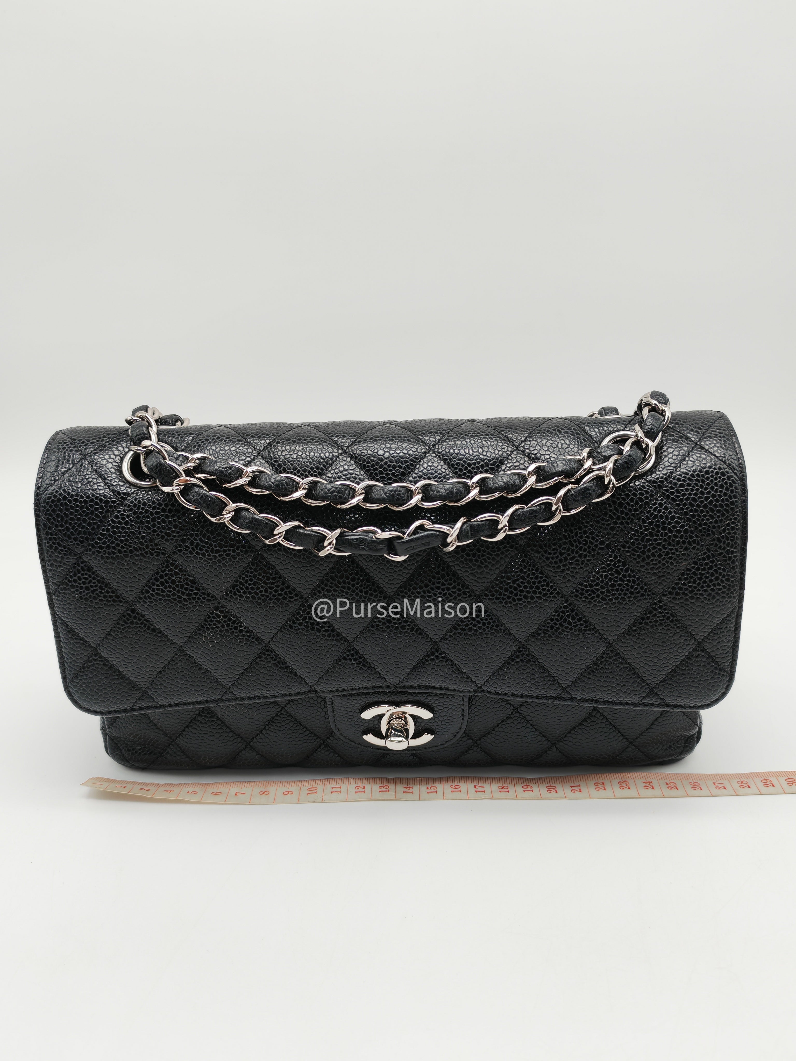 Chanel Classic Double Flap Medium in Black Caviar Leather Silver Hardware (Series 18) | Purse Maison Luxury Bags Shop