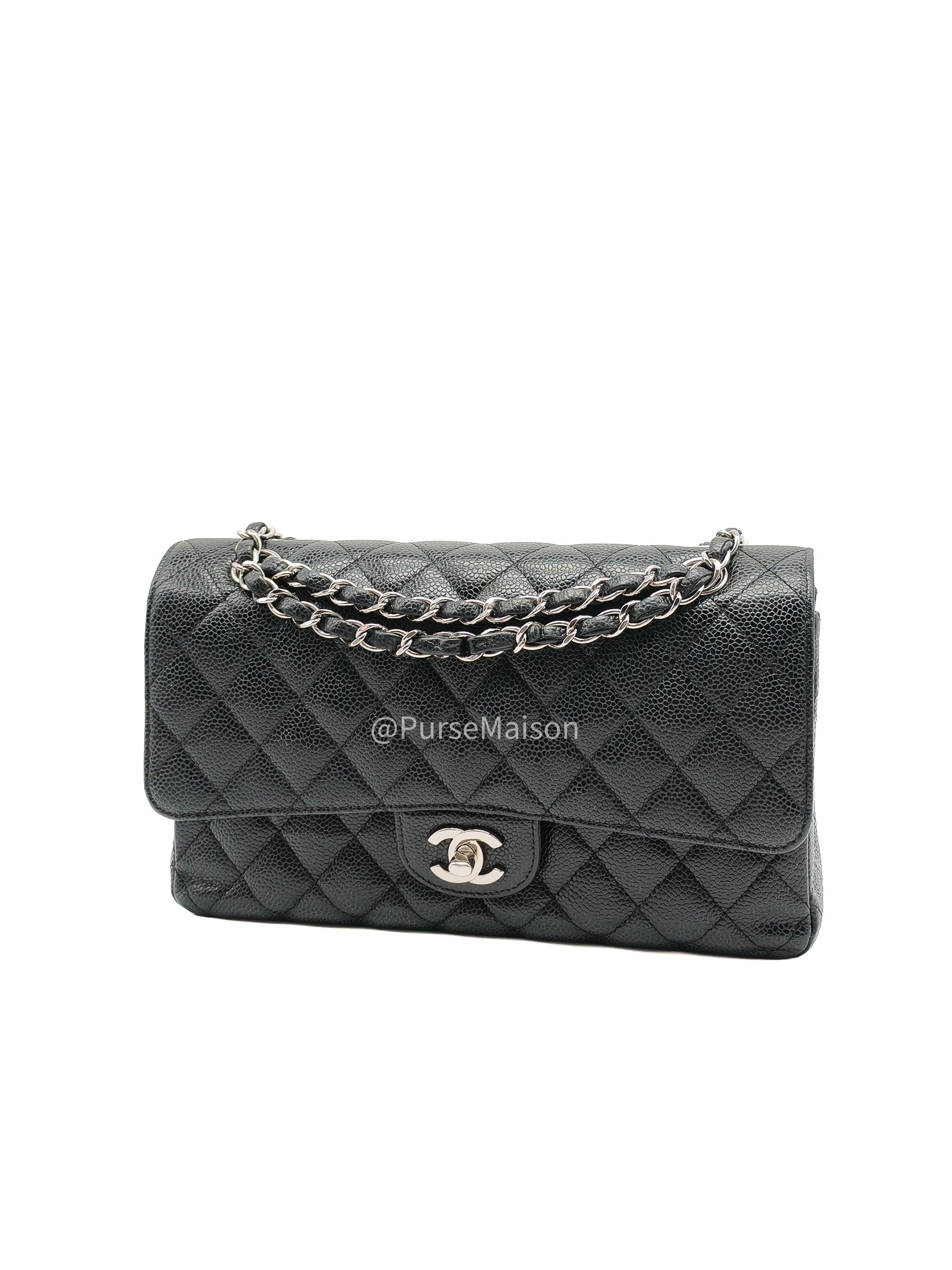 Chanel Classic Double Flap Medium in Black Caviar Leather Silver Hardware (Series 18) | Purse Maison Luxury Bags Shop
