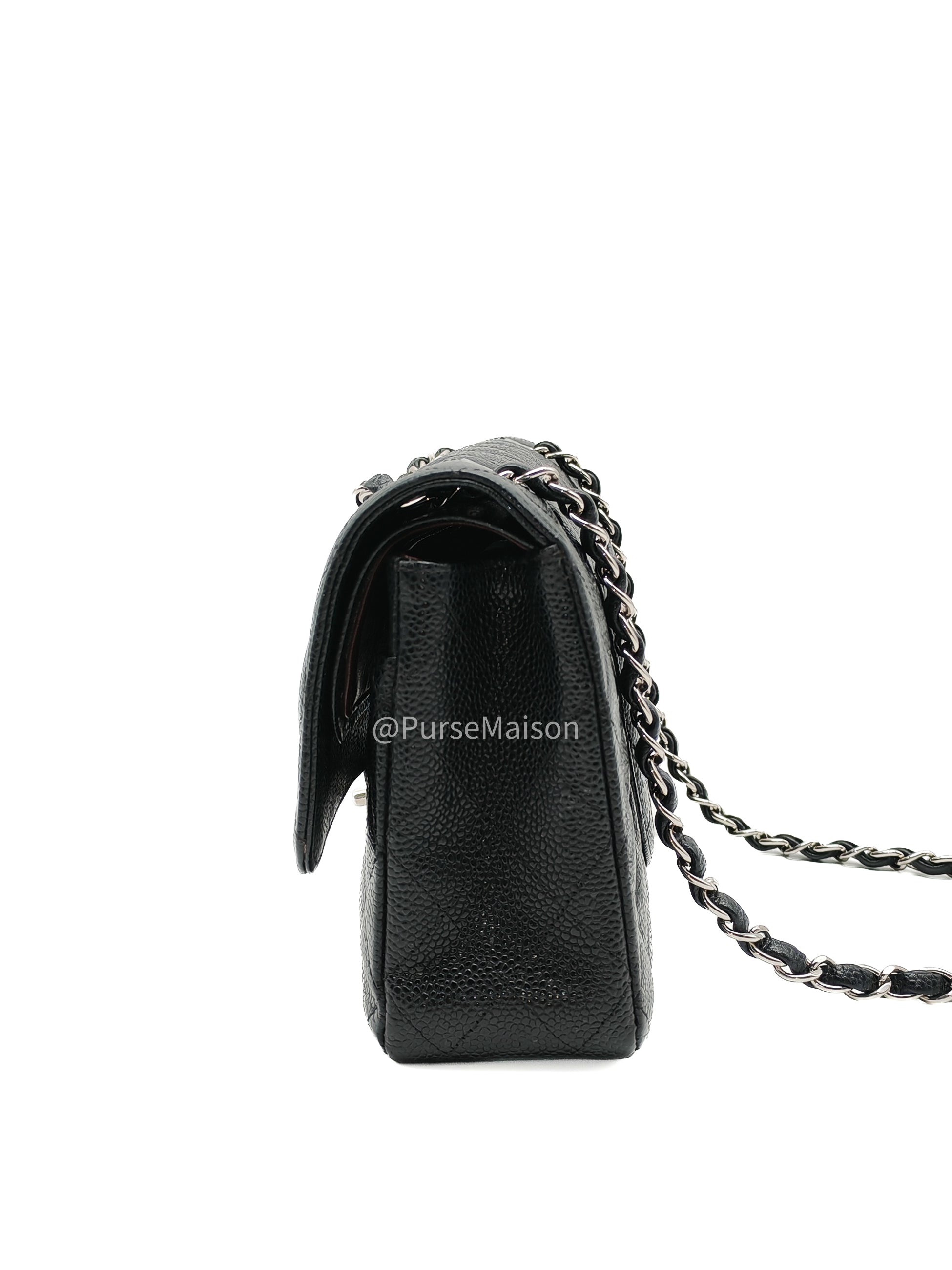 Chanel Classic Double Flap Medium in Black Caviar Leather Silver Hardware (Series 18) | Purse Maison Luxury Bags Shop
