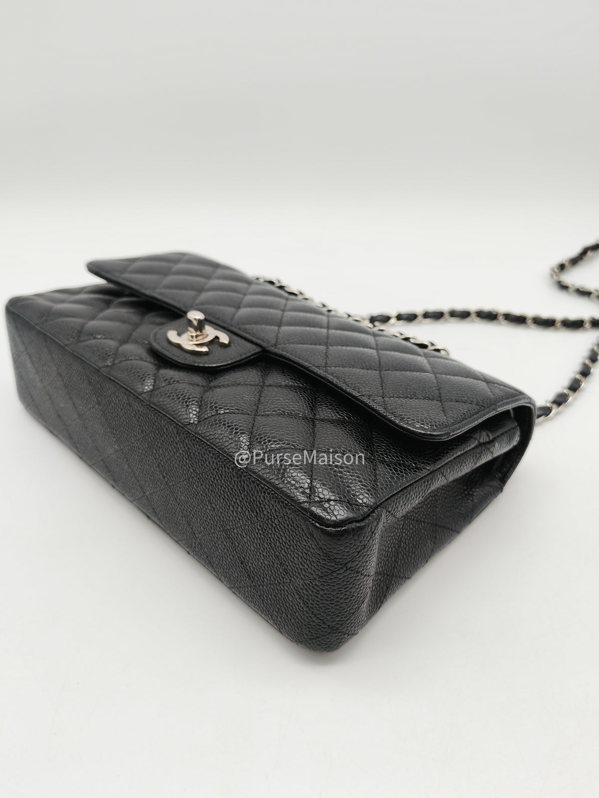 Chanel Classic Double Flap Medium in Black Caviar Leather Silver Hardware (Series 18) | Purse Maison Luxury Bags Shop