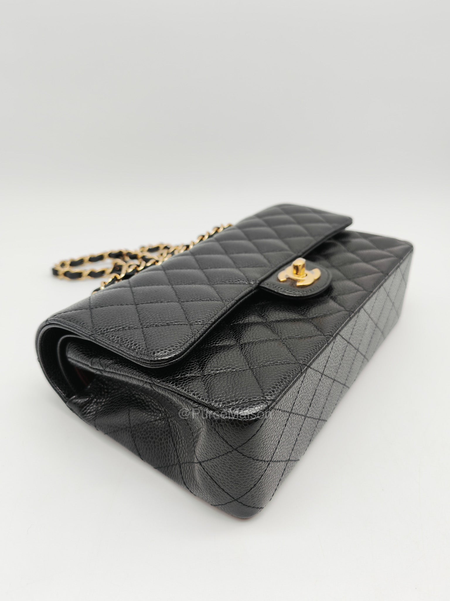 Chanel Classic Double Flap Medium in Black Quilted Caviar Leather and Gold Hardware Microchip | Purse Maison Luxury Bags Shop