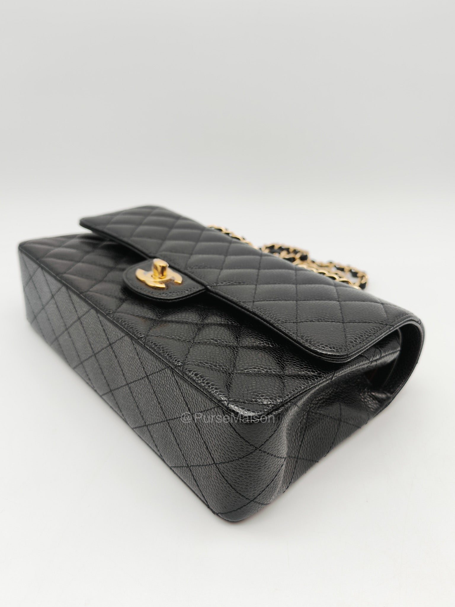 Chanel Classic Double Flap Medium in Black Quilted Caviar Leather and Gold Hardware Microchip | Purse Maison Luxury Bags Shop