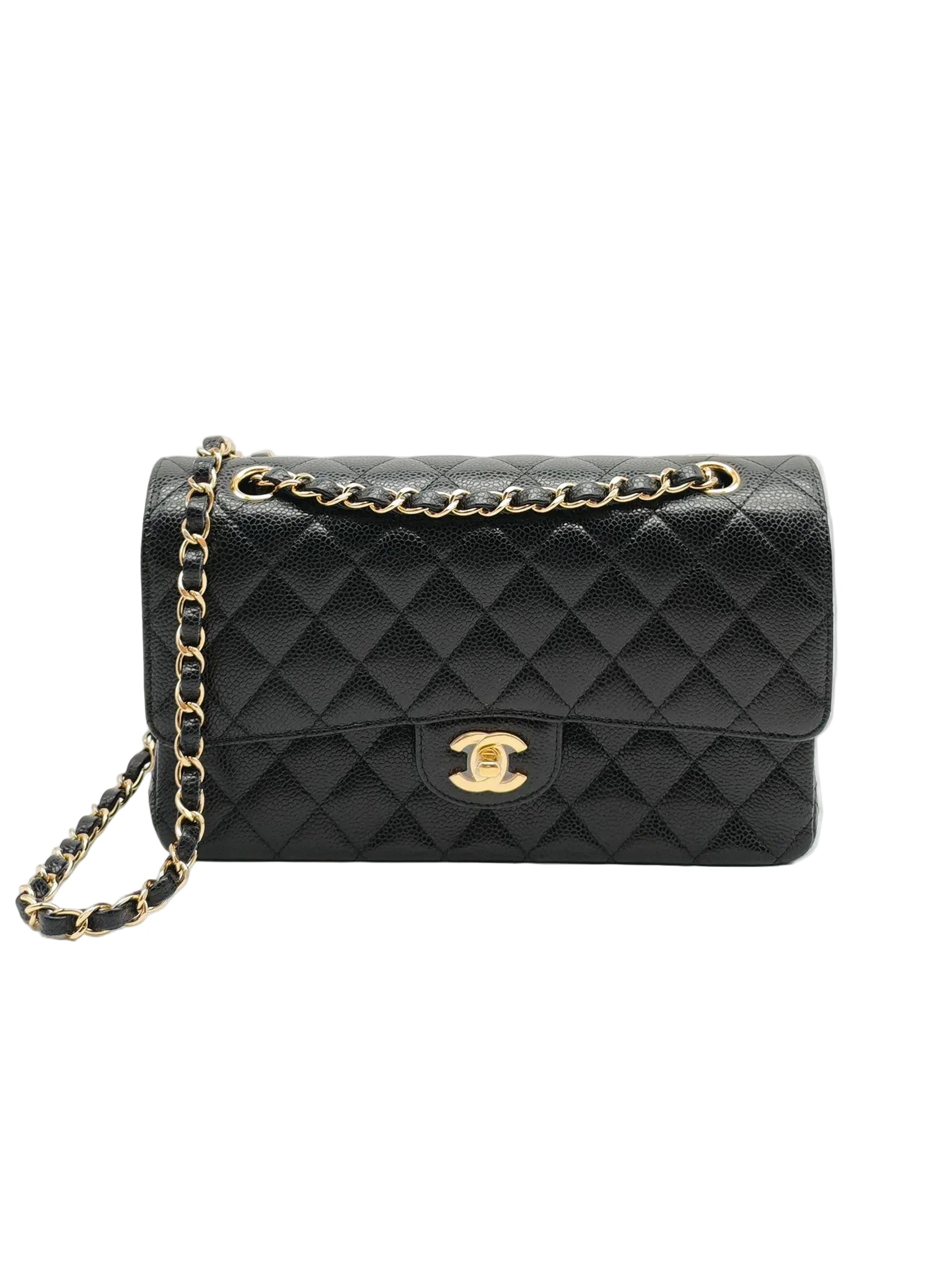 Chanel Classic Double Flap Medium in Black Quilted Caviar Leather and Gold Hardware Microchip | Purse Maison Luxury Bags Shop