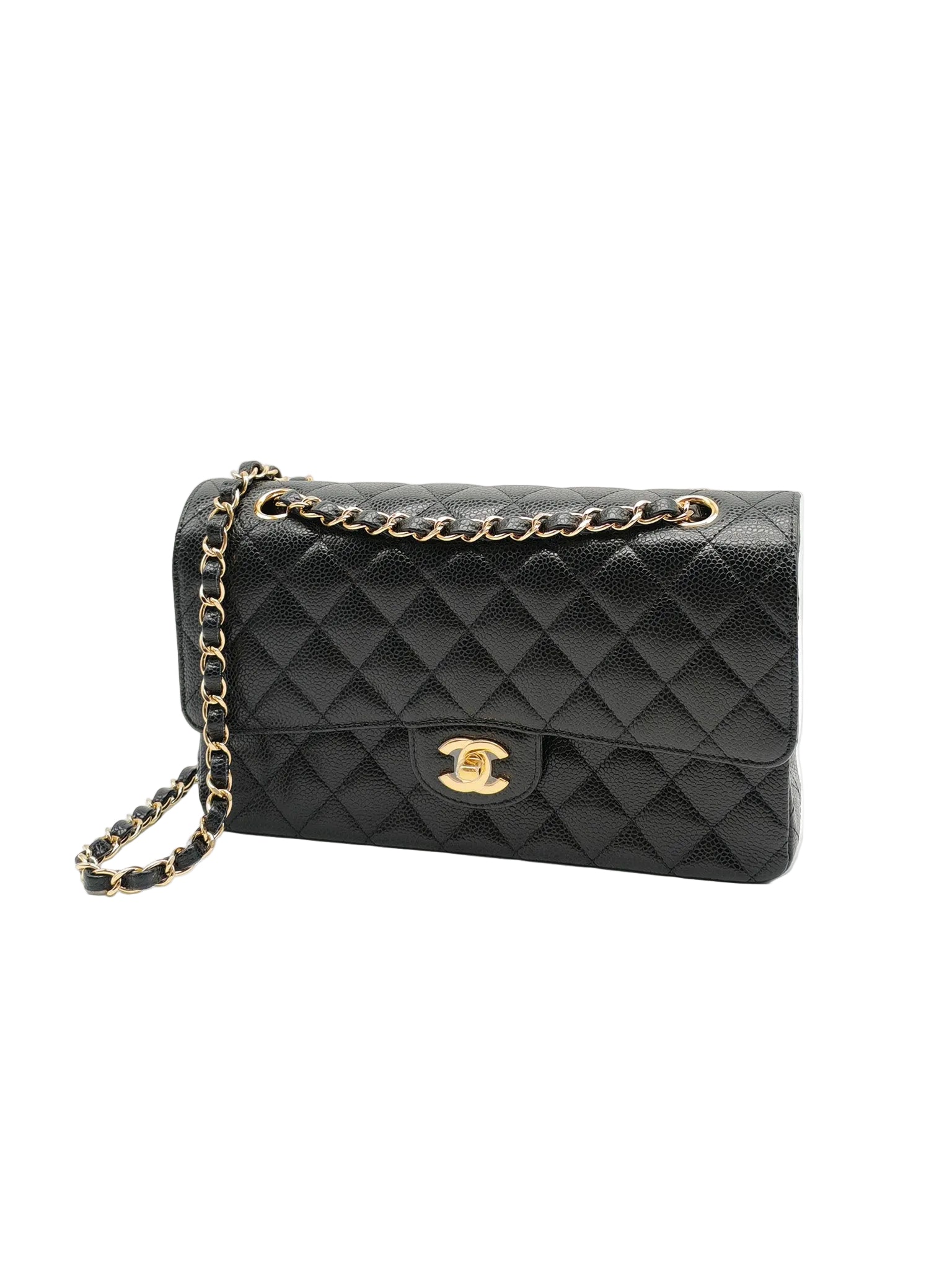 Chanel Classic Double Flap Medium in Black Quilted Caviar Leather and Gold Hardware Microchip | Purse Maison Luxury Bags Shop