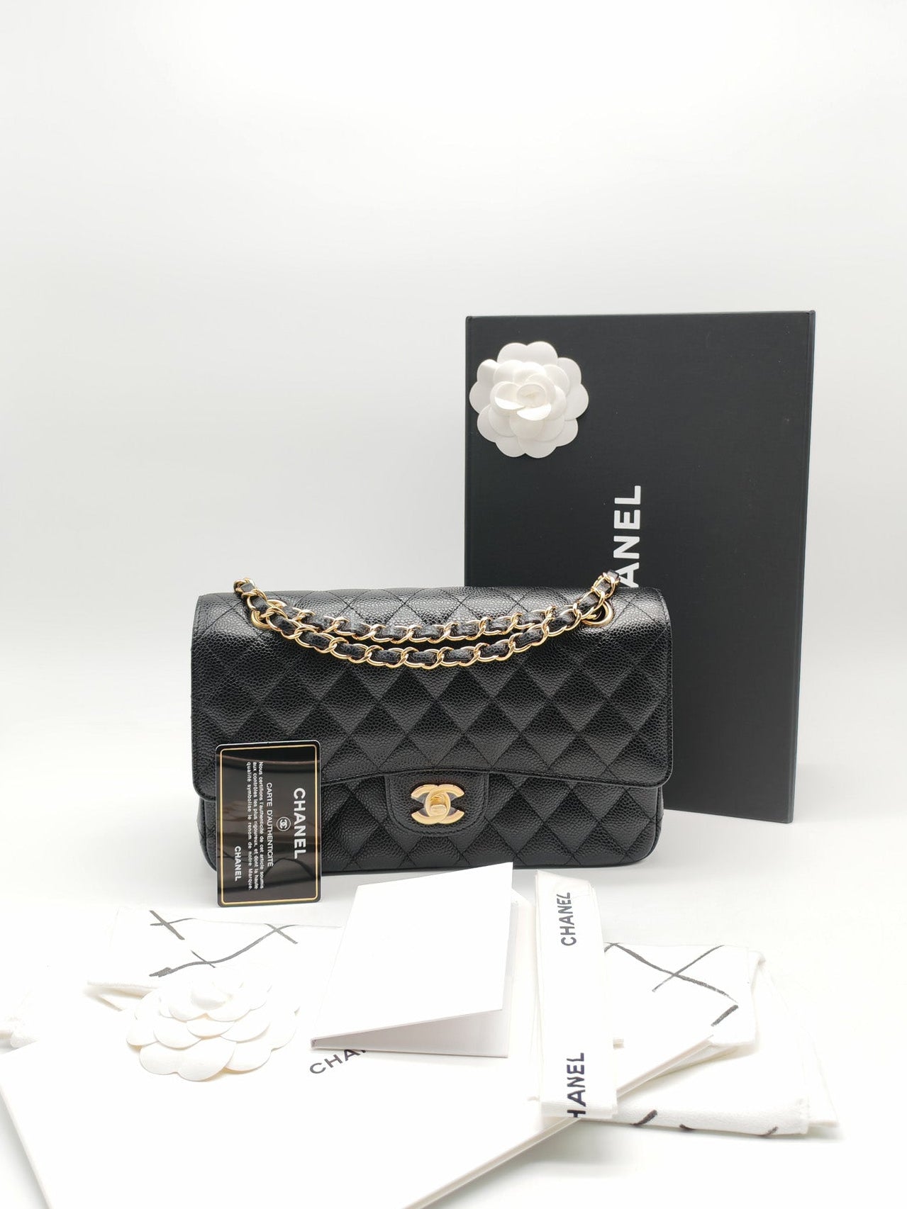 Chanel Classic Double Flap Medium in Black Quilted Caviar Leather and Gold Hardware Series 26 | Purse Maison Luxury Bags Shop