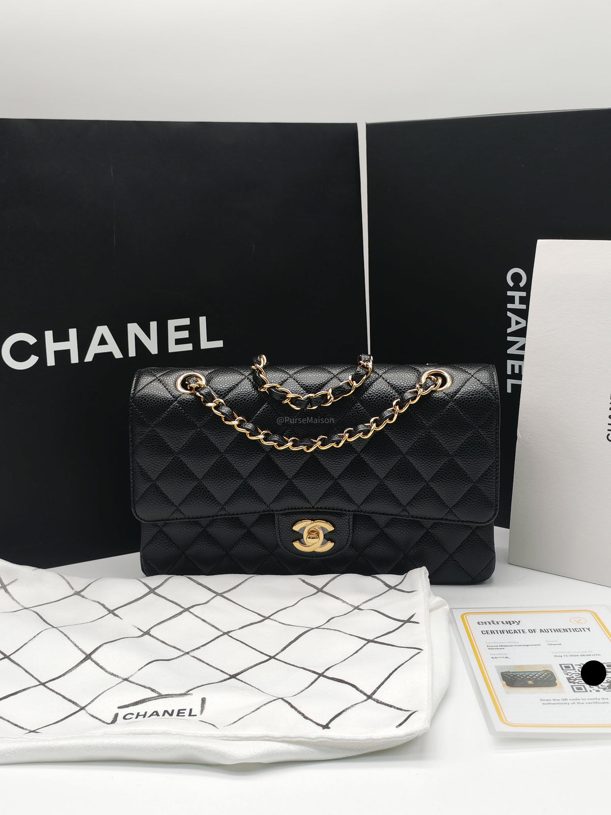 Chanel Classic Double Flap Medium in Black Quilted Caviar Leather & Gold Hardware Microchip | Purse Maison Luxury Bags Shop