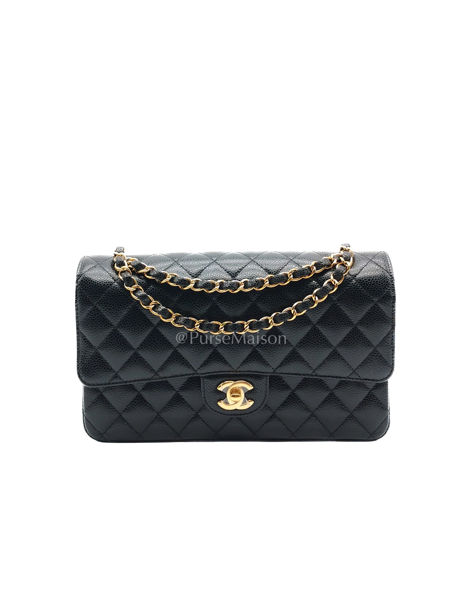 Chanel Classic Double Flap Medium in Black Quilted Caviar Leather & Gold Hardware Microchip | Purse Maison Luxury Bags Shop