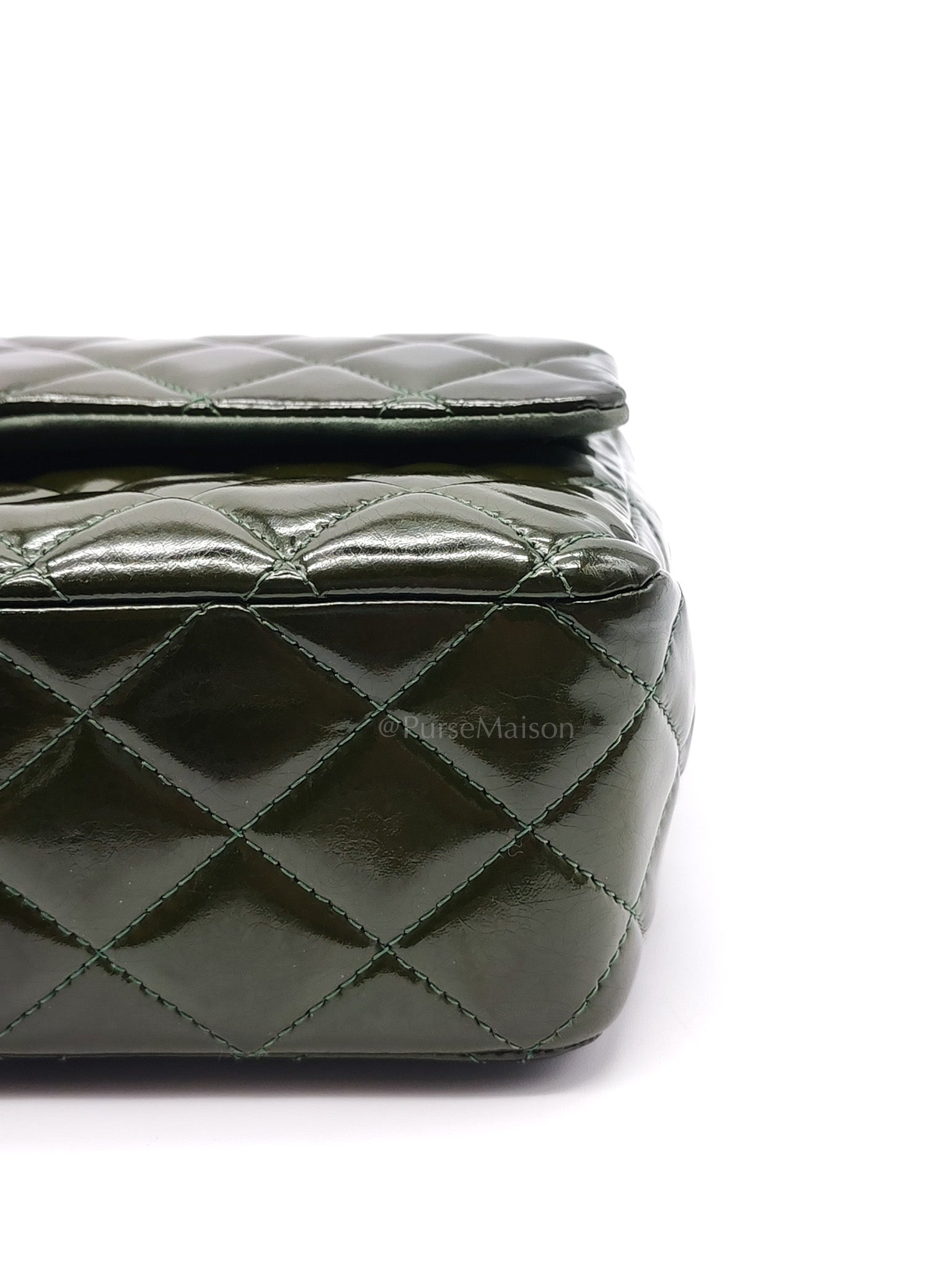 Chanel Classic Double Flap Medium in Green Quilted Patent Leather & Silver Hardware Series 15 | Purse Maison Luxury Bags Shop