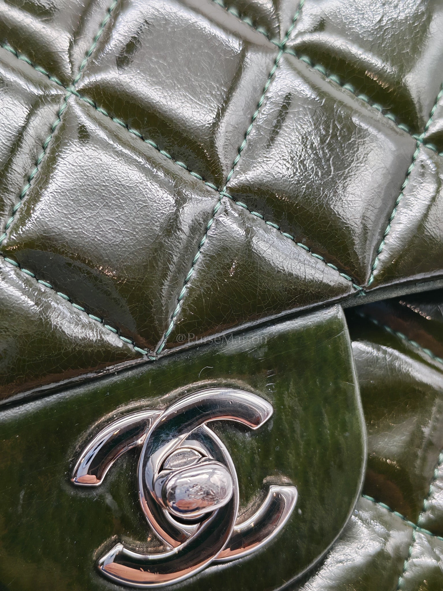 Chanel Classic Double Flap Medium in Green Quilted Patent Leather & Silver Hardware Series 15 | Purse Maison Luxury Bags Shop