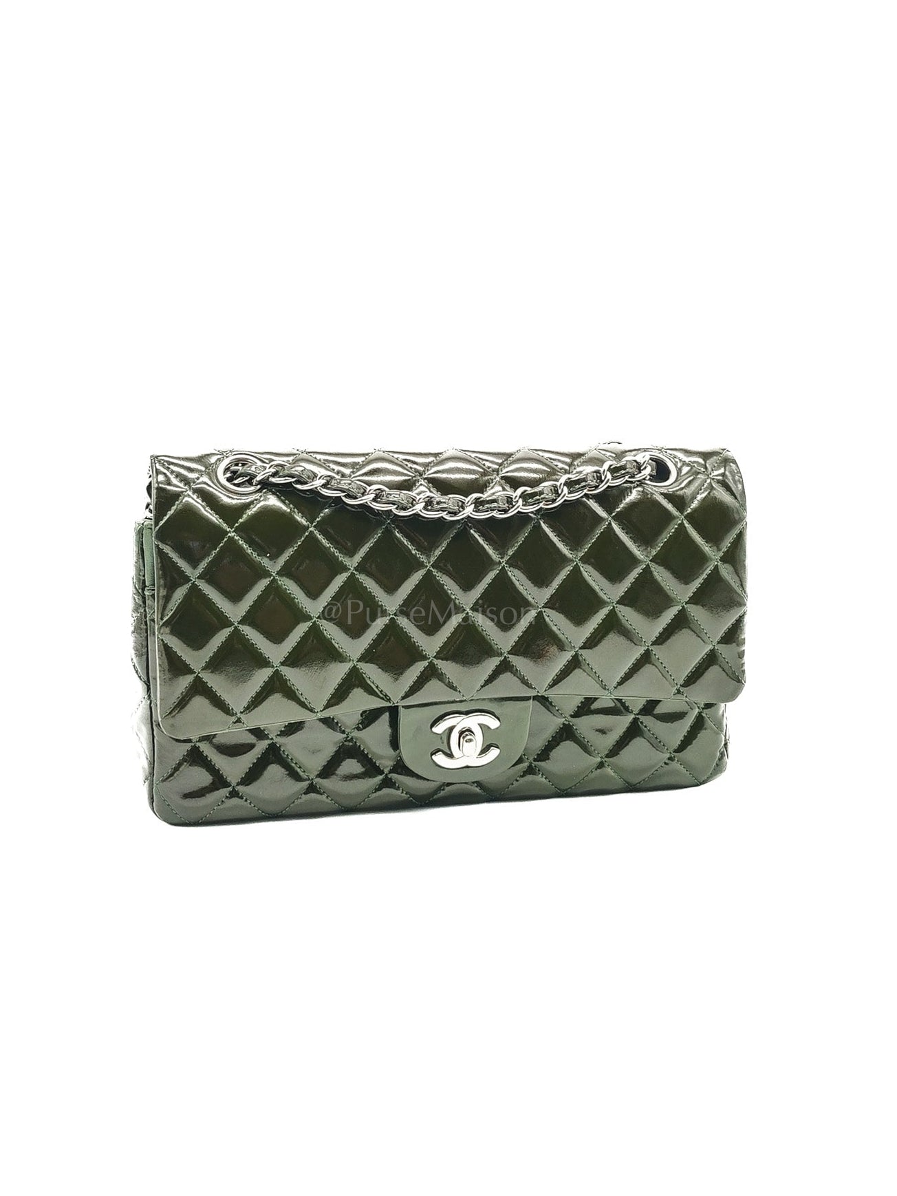 Chanel Classic Double Flap Medium in Green Quilted Patent Leather & Silver Hardware Series 15 | Purse Maison Luxury Bags Shop