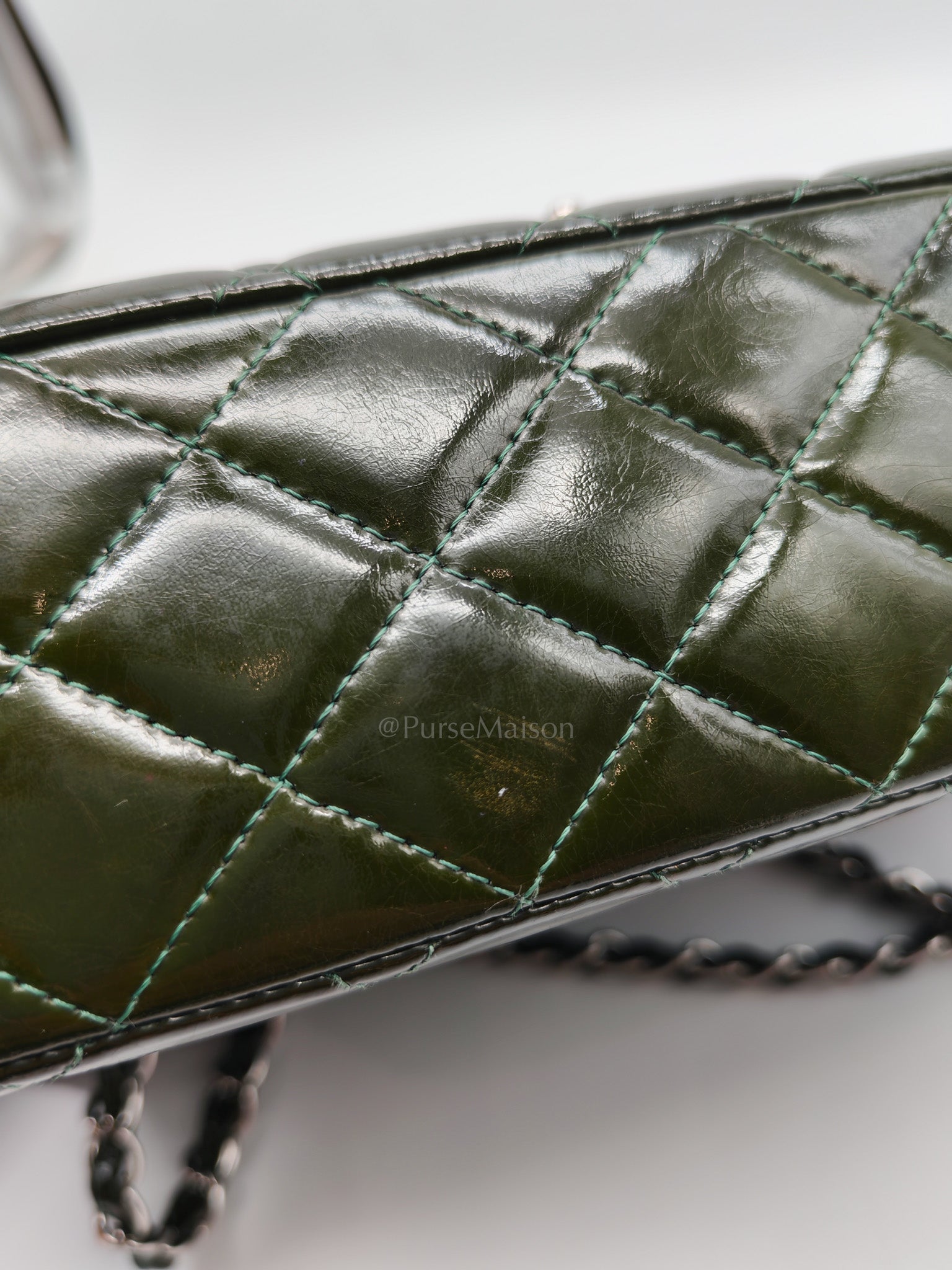 Chanel Classic Double Flap Medium in Green Quilted Patent Leather & Silver Hardware Series 15 | Purse Maison Luxury Bags Shop