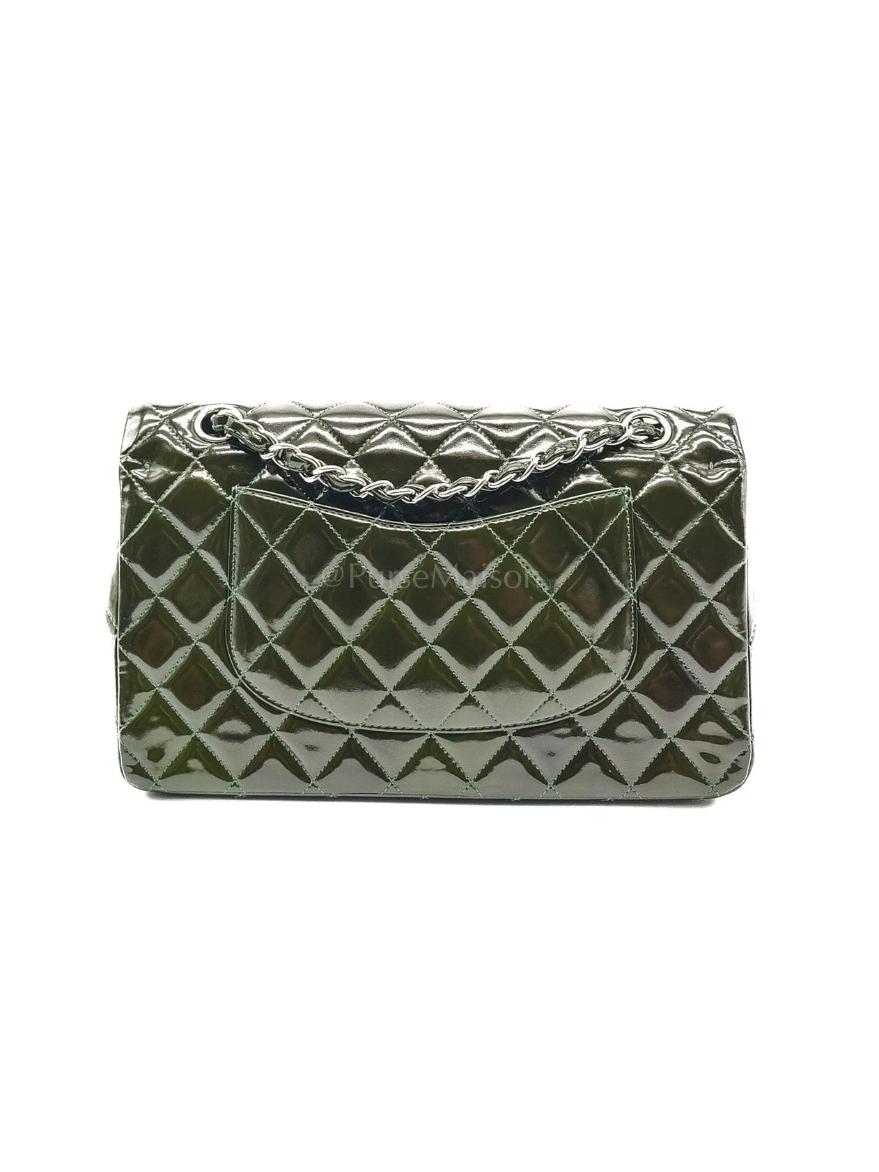 Chanel Classic Double Flap Medium in Green Quilted Patent Leather & Silver Hardware Series 15 | Purse Maison Luxury Bags Shop
