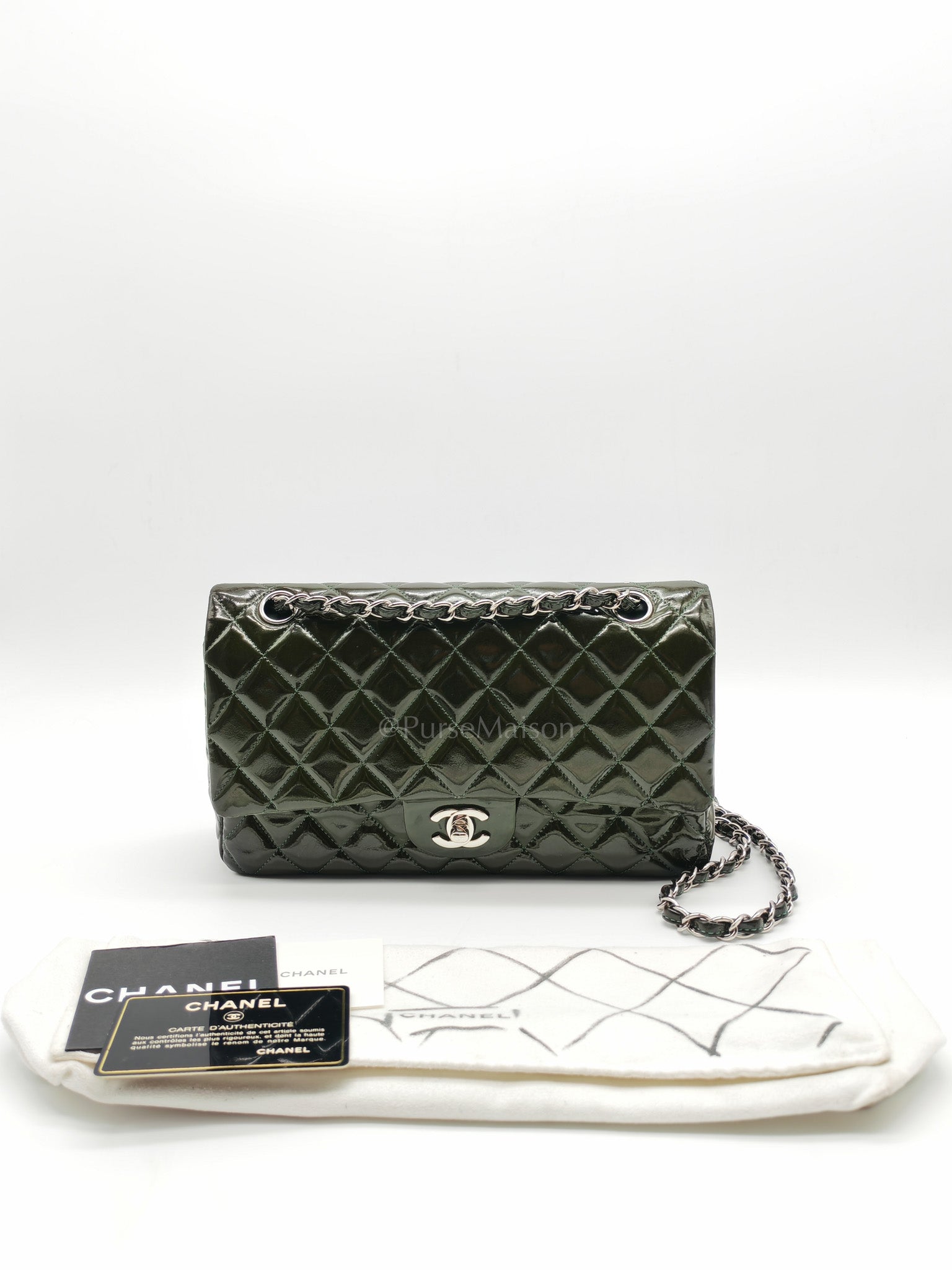 Chanel Classic Double Flap Medium in Green Quilted Patent Leather & Silver Hardware Series 15 | Purse Maison Luxury Bags Shop