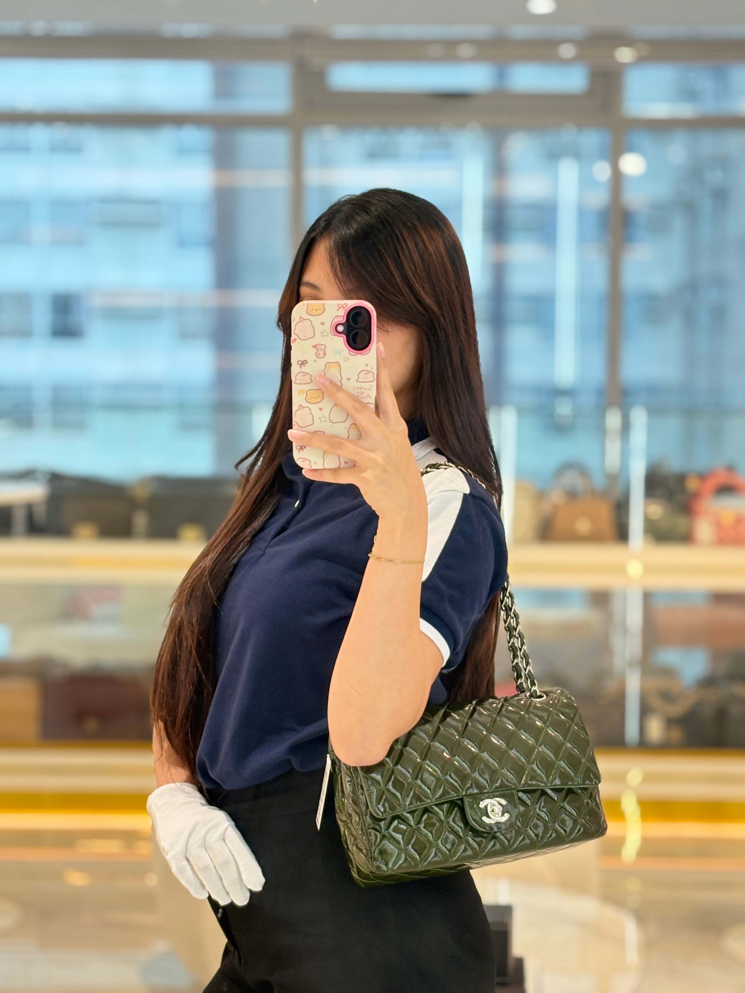 Chanel Classic Double Flap Medium in Green Quilted Patent Leather & Silver Hardware Series 15 | Purse Maison Luxury Bags Shop
