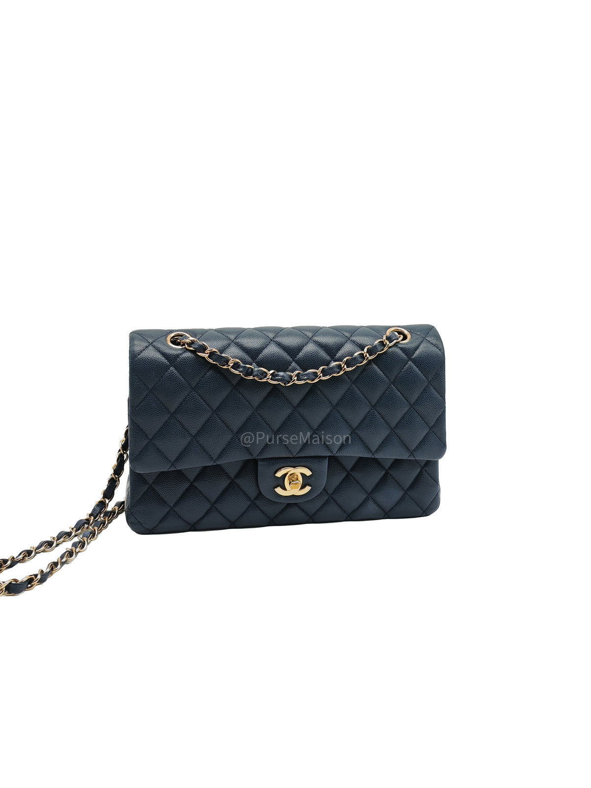 Chanel Classic Double Flap Medium in Navy Blue Caviar Leather and Light Gold Hardware Microchip (XX****86) | Purse Maison Luxury Bags Shop
