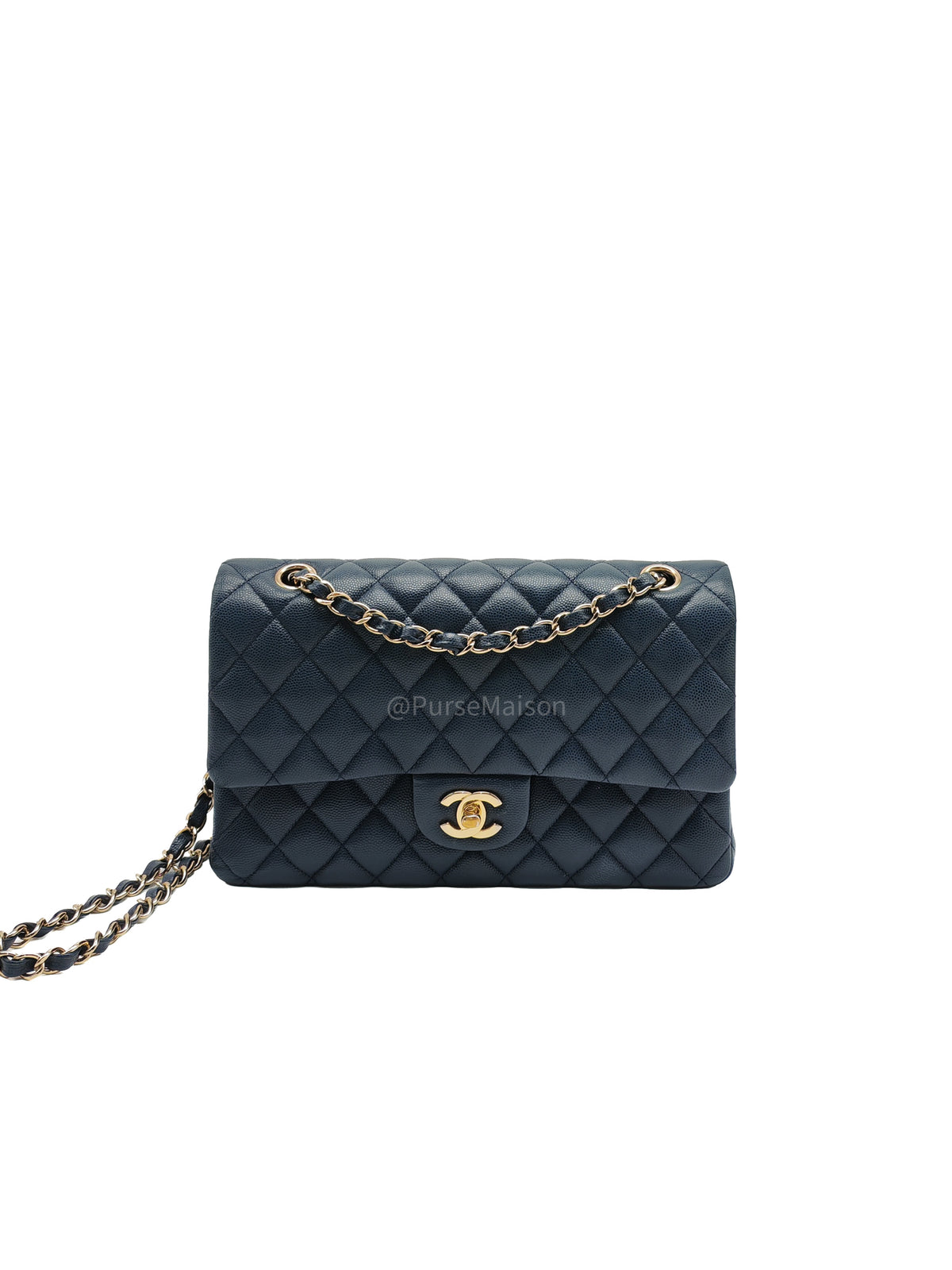 Chanel Classic Double Flap Medium in Navy Blue Caviar Leather and Light Gold Hardware Microchip (XX****86) | Purse Maison Luxury Bags Shop