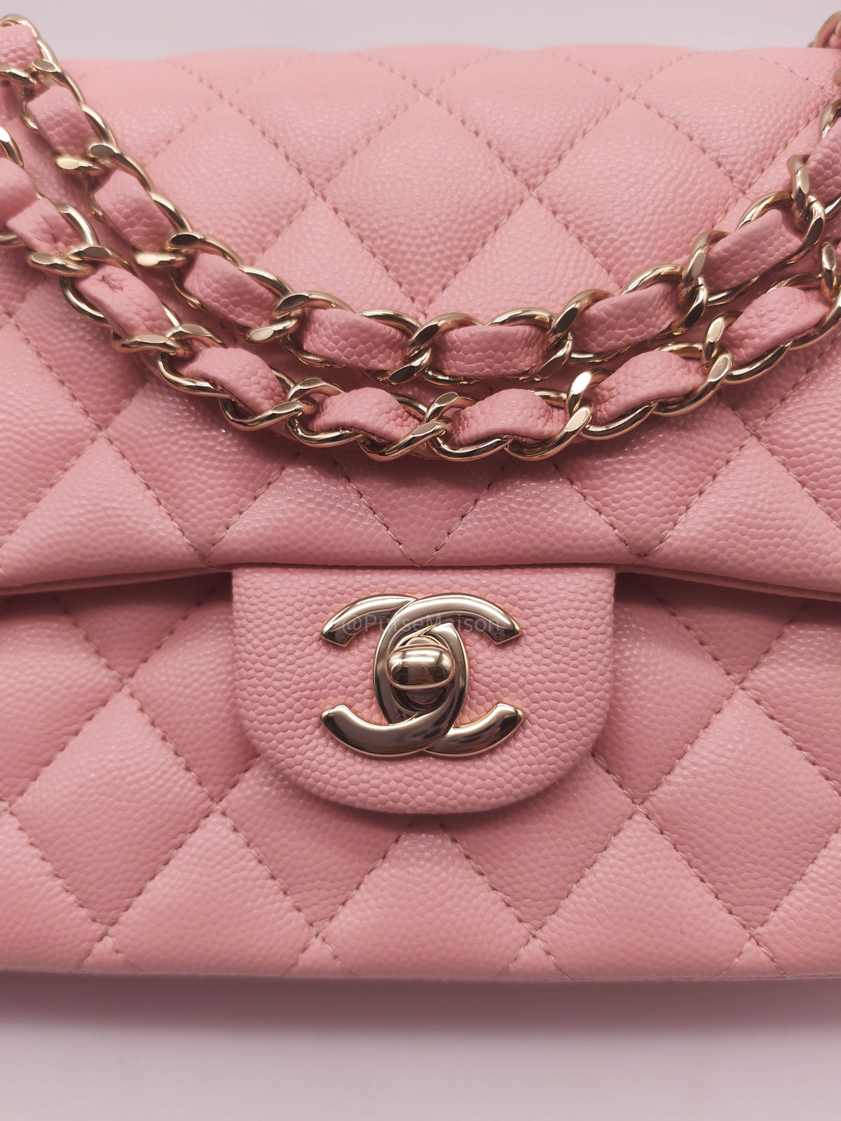 Chanel Classic Double Flap Medium in Sakura Pink Caviar Leather and Light Gold Hardware Microchip (LC****22) | Purse Maison Luxury Bags Shop