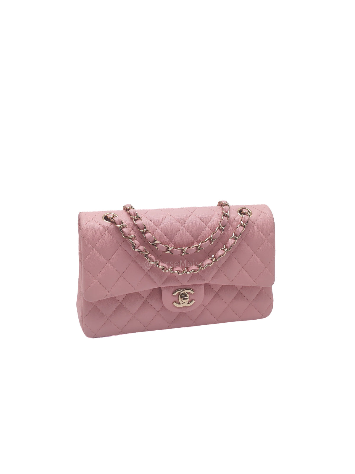 Chanel Classic Double Flap Medium in Sakura Pink Caviar Leather and Light Gold Hardware Microchip (LC****22) | Purse Maison Luxury Bags Shop