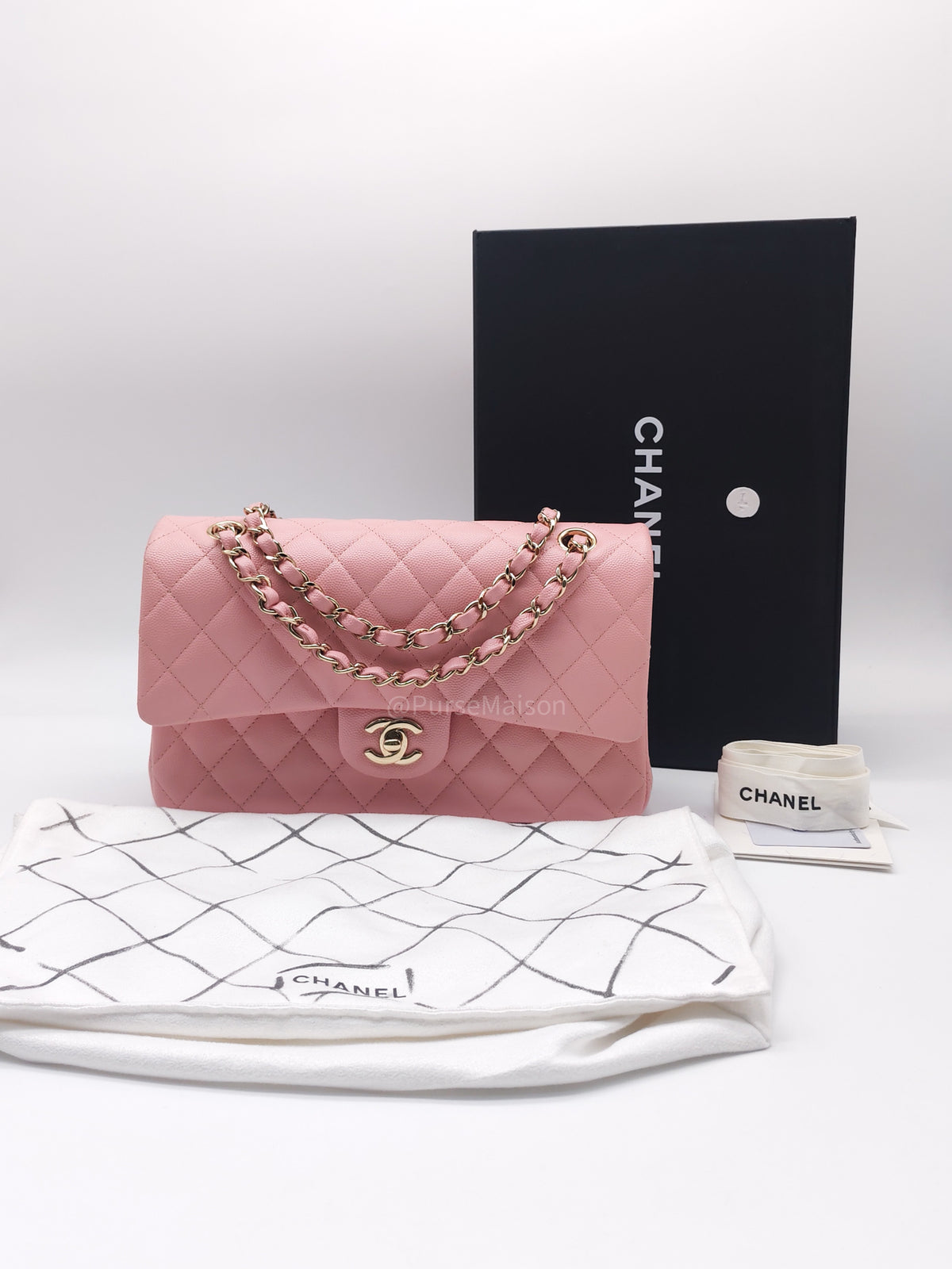 Chanel Classic Double Flap Medium in Sakura Pink Caviar Leather and Light Gold Hardware Microchip (LC****22) | Purse Maison Luxury Bags Shop