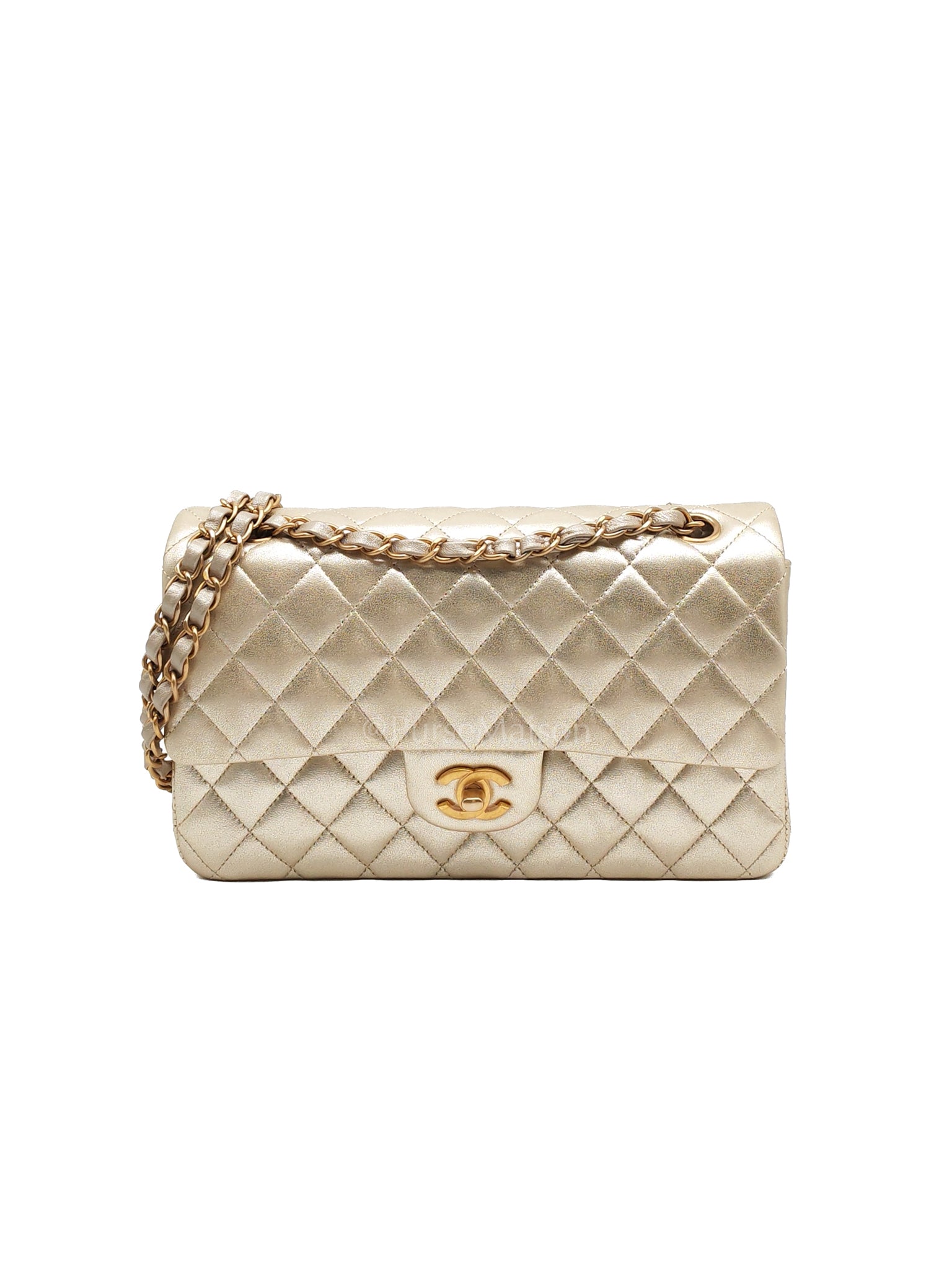 Classic Double Flap Medium Metallic Gold Lambskin Leather and Aged Gold Hardware (Microchip) | Purse Maison Luxury Bags Shop