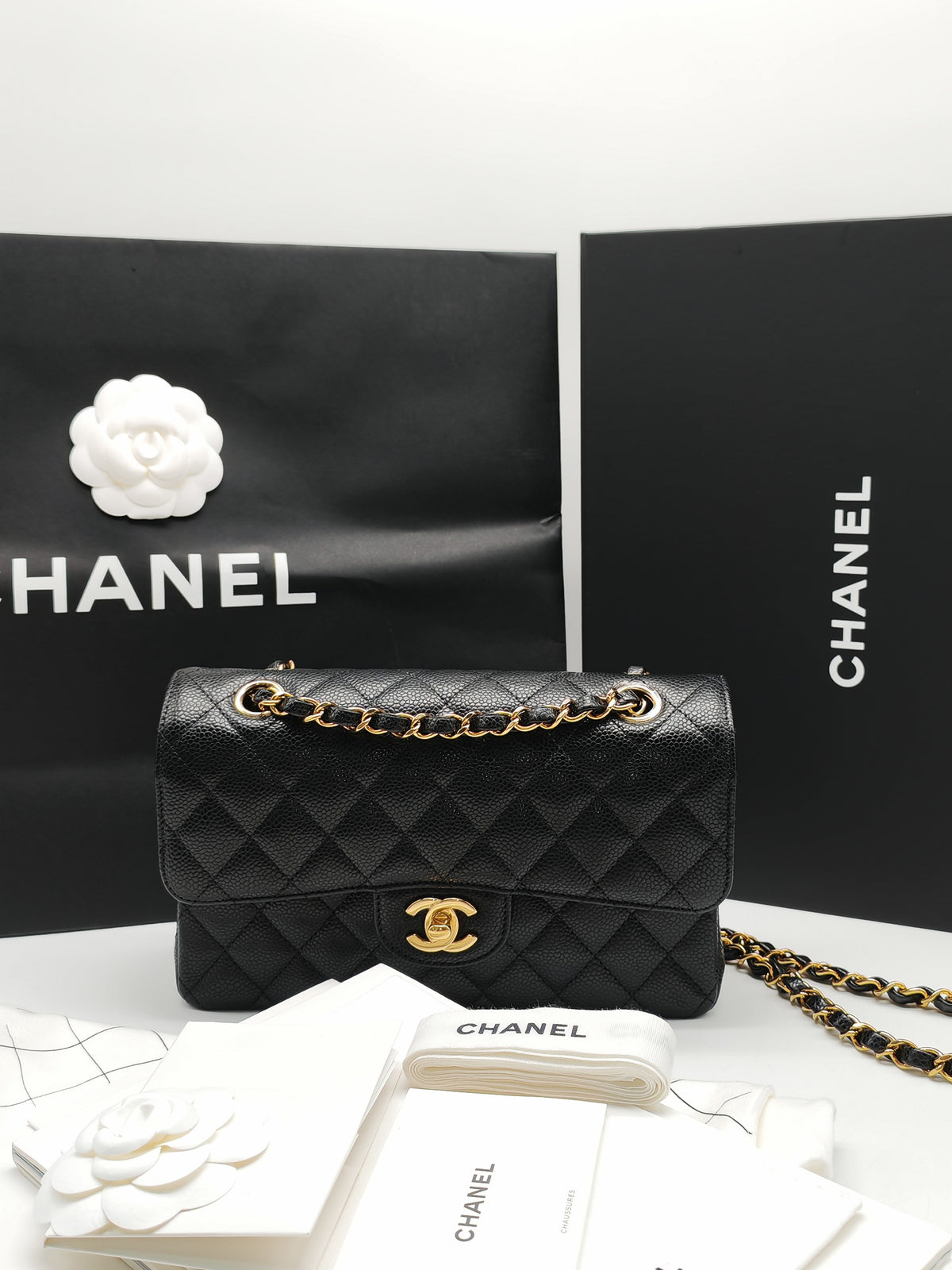 Chanel Classic Double Flap Small in Black Caviar Leather Gold Hardware (Microchip) | Purse Maison Luxury Bags Shop