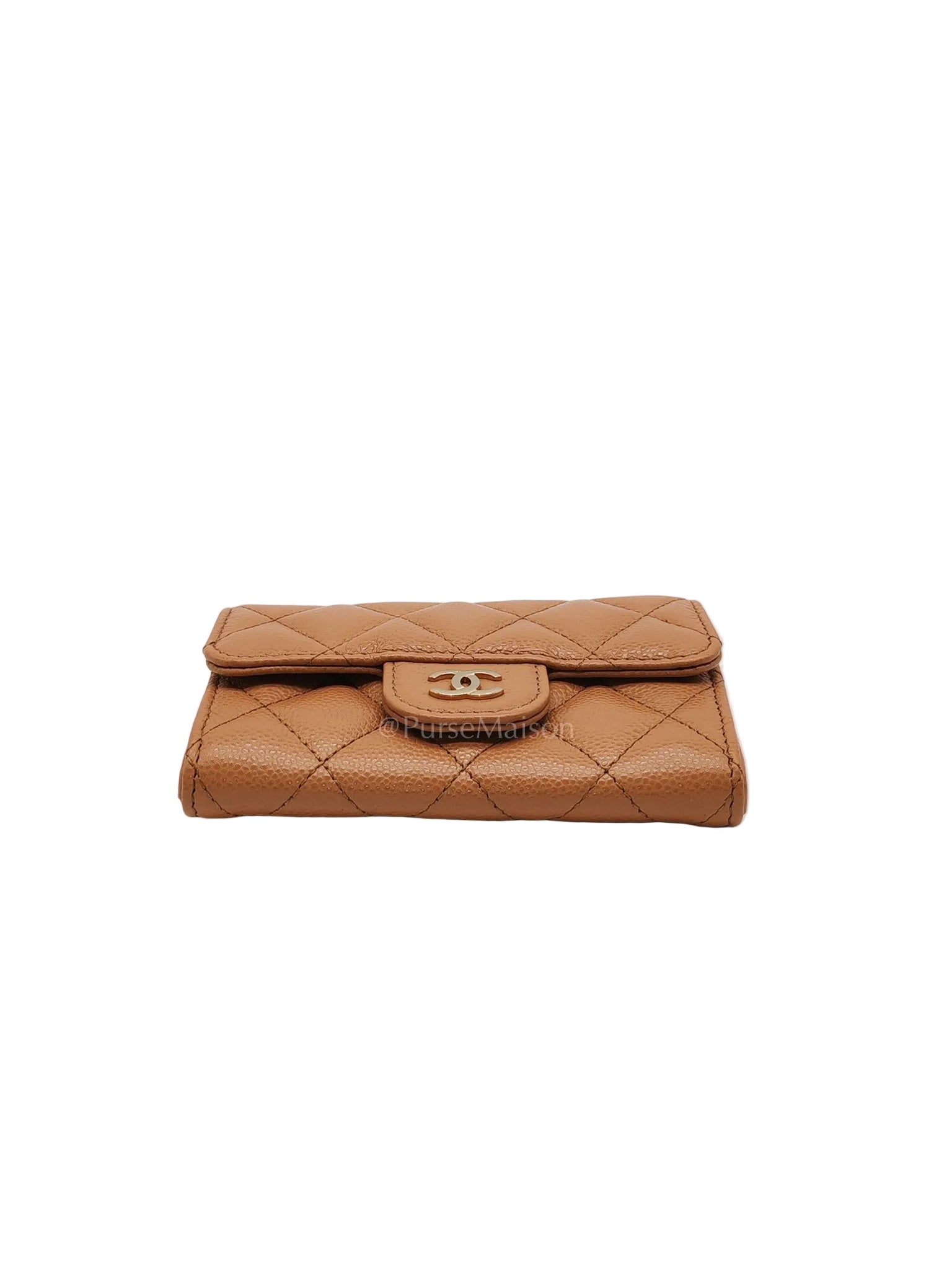 Chanel Classic Flap Card Holder in Caramel Quilted Caviar Leather and Light Gold Hardware (Microchip) | Purse Maison Luxury Bags Shop