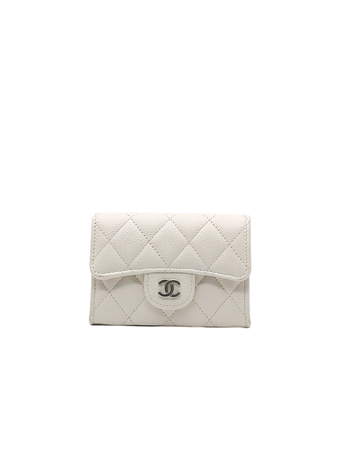 Chanel Classic Flap Card Holder in White Quilted Caviar Leather and Silver Hardware Series 30 | Purse Maison Luxury Bags Shop